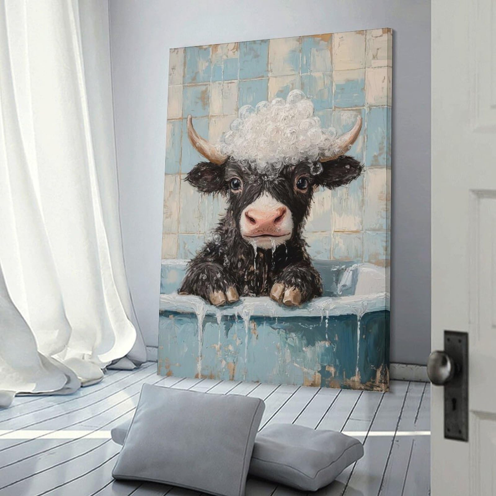Junmoney Yak in A Bath Canvas Wall Decor 12x18inch(30x45cm), for Home Lounge, Bedroom Or Reading Nook, A Home Accent with Warm Character