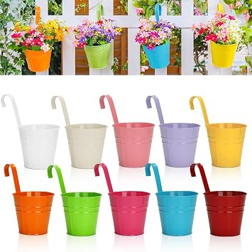 KINGLAKE Flower Pots,10 Pcs Metal Iron Hanging Flower Plant Pot Balcony Garden Plant Planter Baskets Fence Bucket Pots 6.3 Flower Holders with Detachable Hook