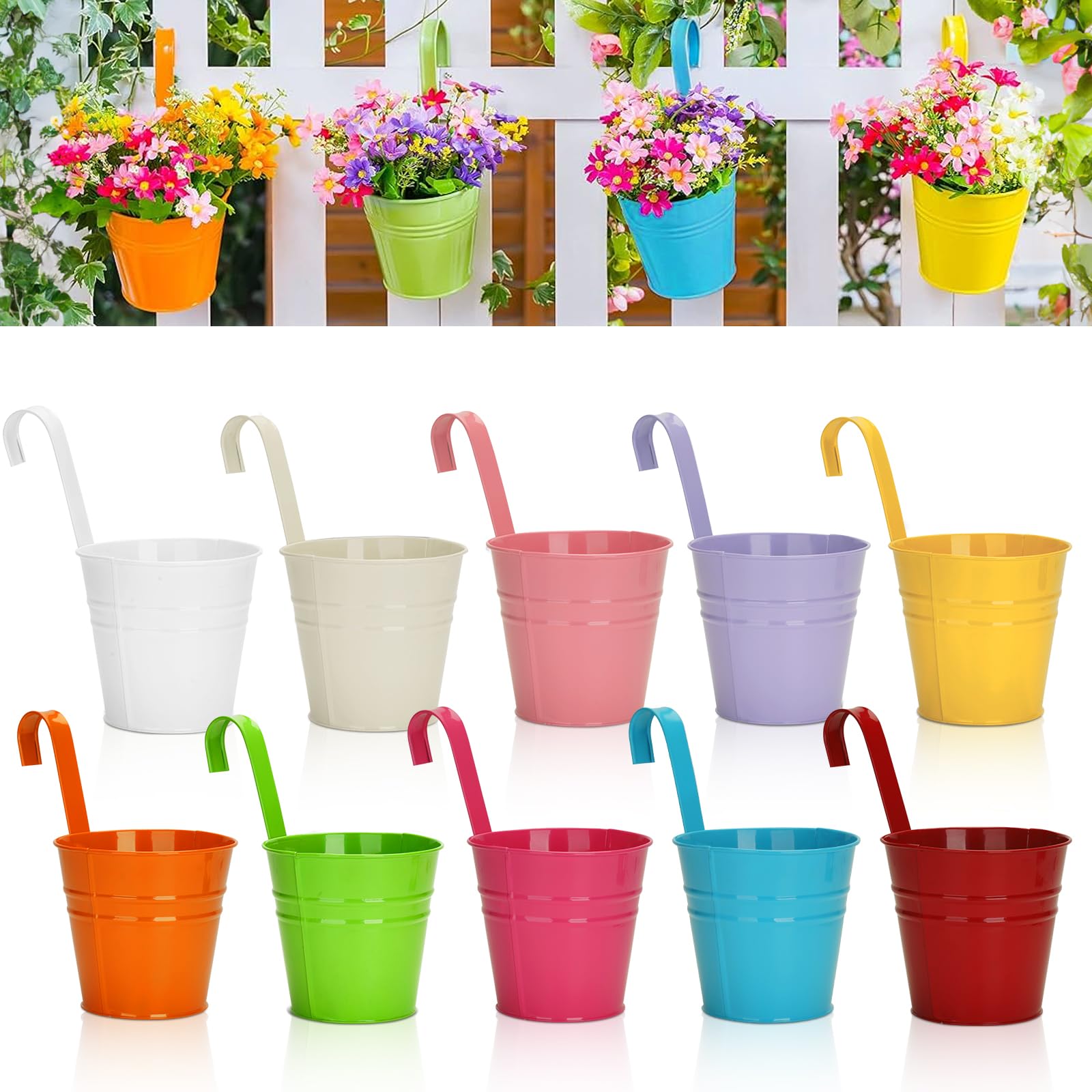 Kinglake Multicolor 10Pcs 10Cm Metal Hanging Plant Pots With Detachable Hook, Colored Fence Flower Pots Garden Hanging Planter Bucket Flower Holder For Balcony Fence Railing Garden Home Décor