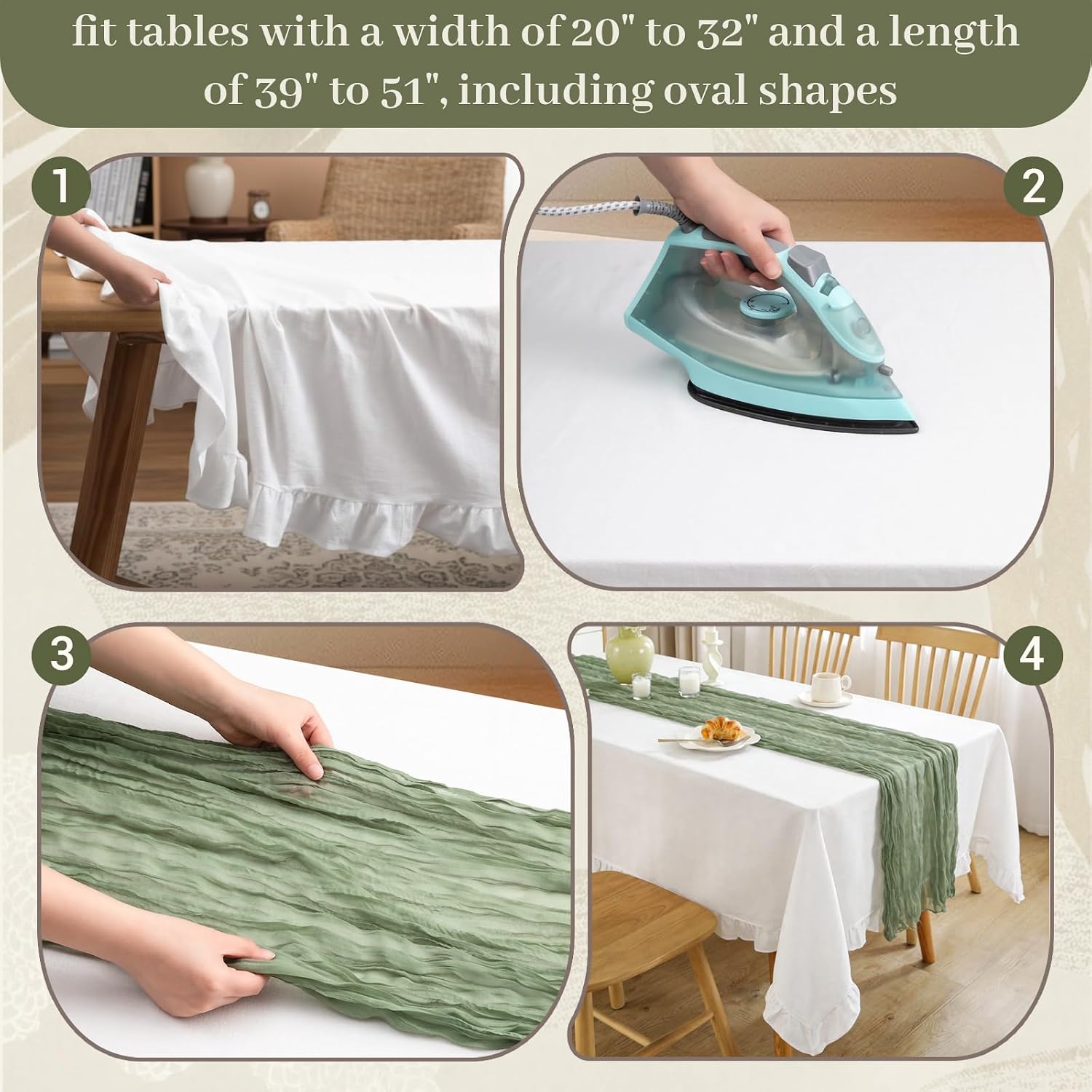 Moukeren Farmhouse Tablecloth and Runner Set 55"x70" Ruffle Cotton Tablecover with 10ft Sage Green Cheesecloth Runner for Rectangle Table Vintage Cottagecore Decor for Wedding Baby Shower Spring Party