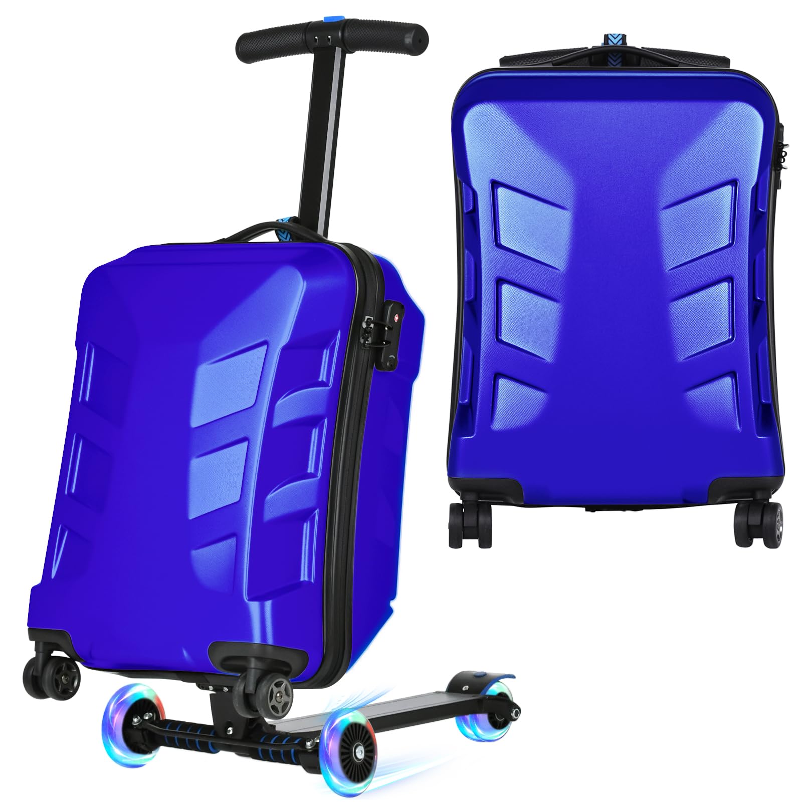 Scooter Suitcase for Kids & Adults，3-D Hardshell Ride On Scooter Luggage with Led Light Up Wheels，TSA Lock，Lightweight Foldable Carry On Rideable