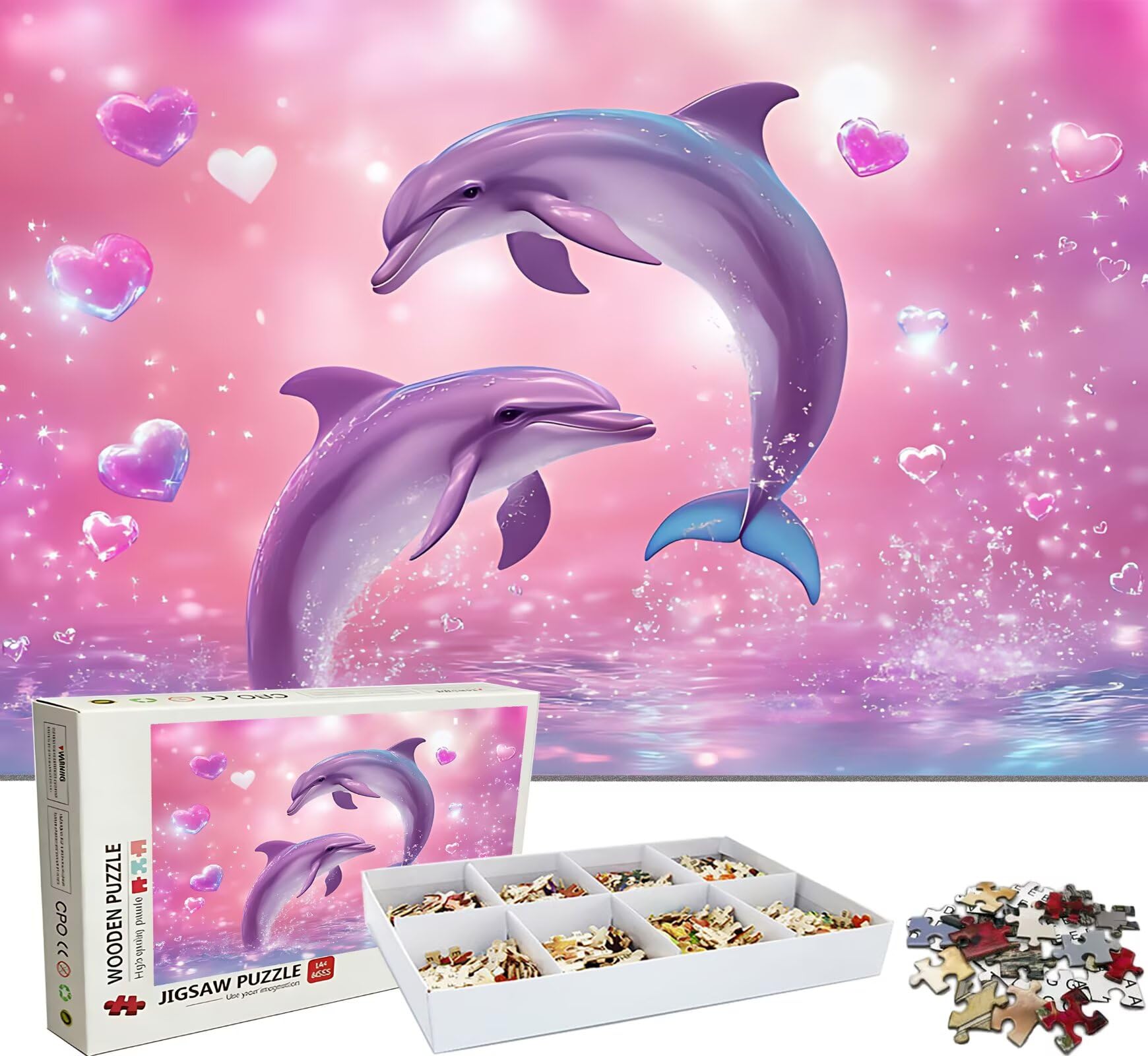 Puzzle 1000 elementów, drewniane puzzle dla dorosłych, delfin, różowe, imponujące, klasyczne puzzle 75 x 50 cm, gra rodzinna, redukcja stresu, gra myśląca, dla miłośników puzzli, w0-243
