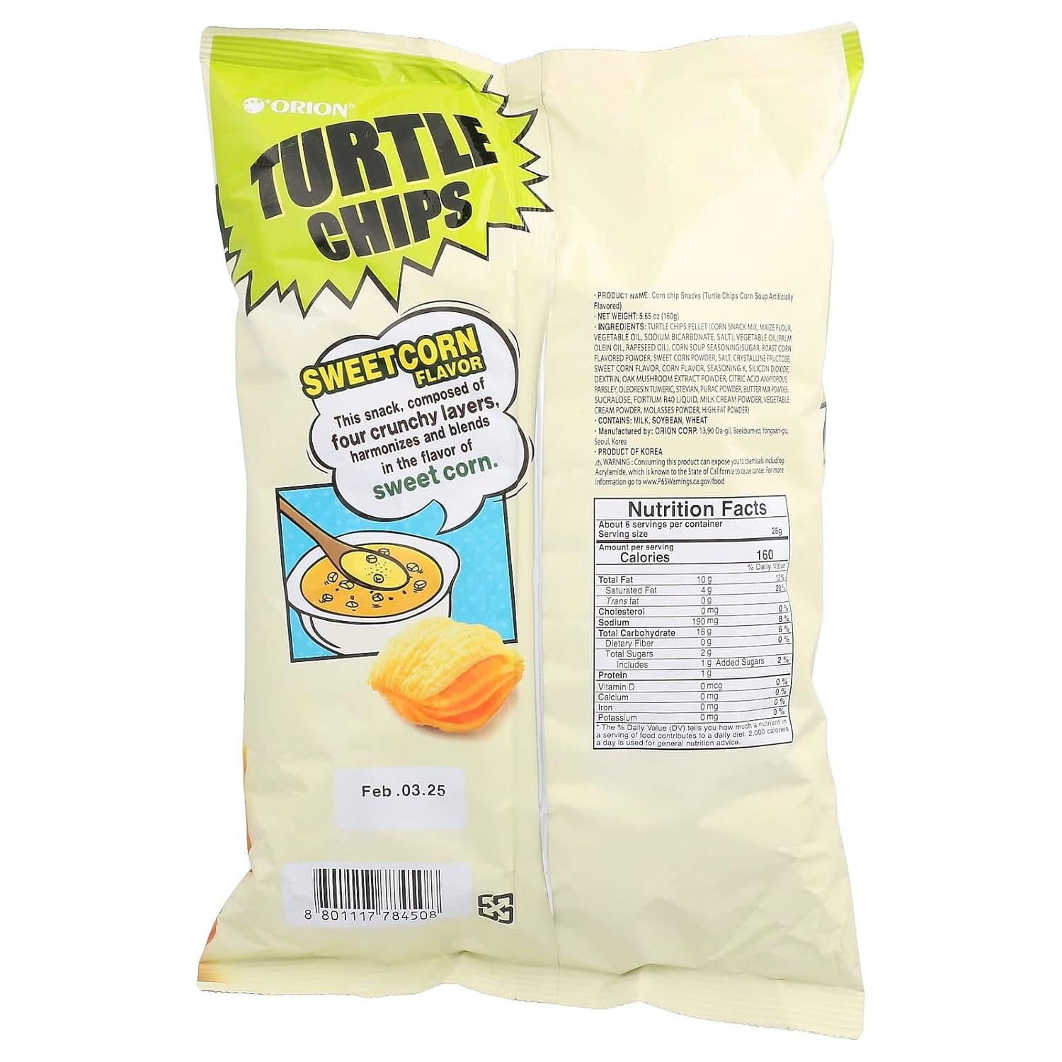 [Combo of 4 Big Packs] Orion Turtle Chips, Flaming Lime/Choco Churros (2) / Sweet corn Flavor, Super Crunch, 5.64 oz