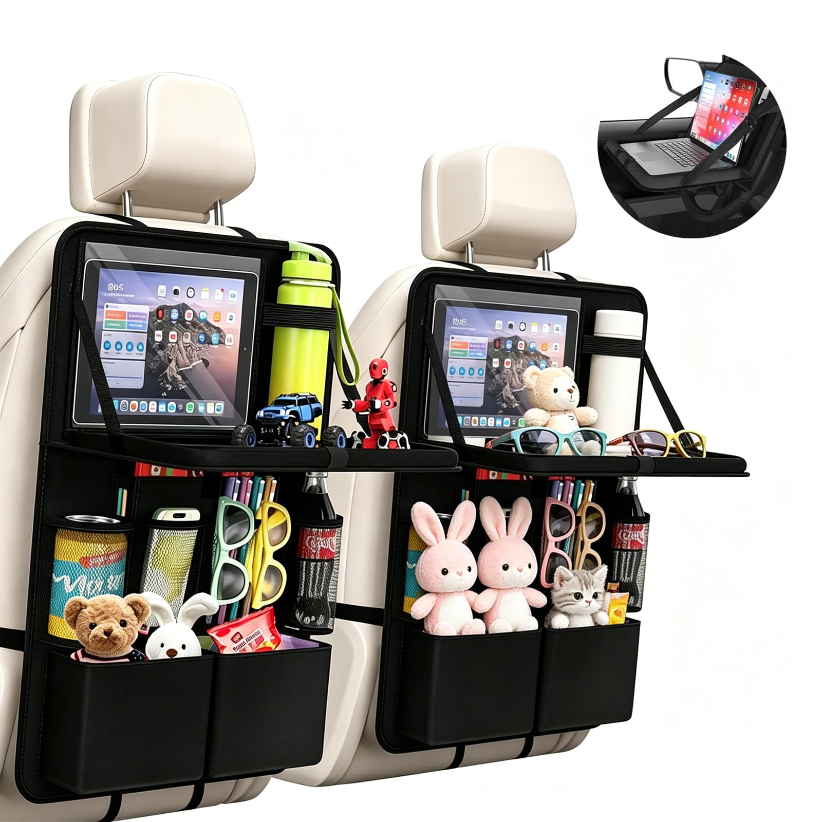 Auto Organizer mit abnehmbarem Klapptisch 62x42cm Rücksitz Organizer 11 Taschen Touchscreen-Fach Wasserdichter Rückenlehnenschutz