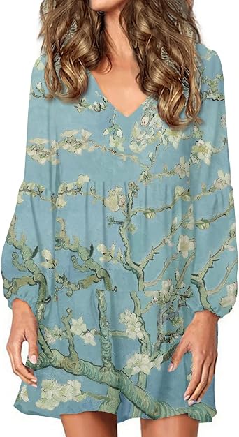 ENLACHIC Womens Van Gogh Art Print Tunic Dress V Neck Long Sleeve Casual Flowy Swing Dress