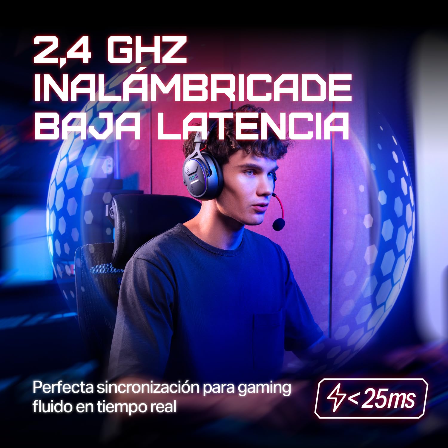OXS Storm G2 Auriculares Inalámbricos para Gaming, Sonido Surround Virtual 7,1, Baja Latencia de 2,4 GHz, Driver de 50 mm, 40 Horas de Autonomía, luz RGB, Bluetooth 5.3, para PC, Consola y Teléfono