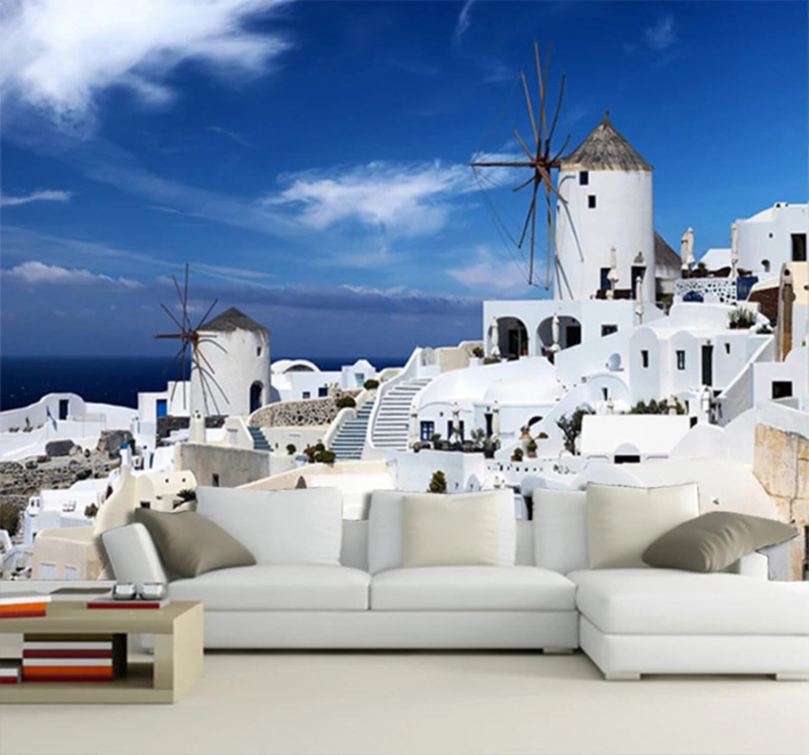 Wallpaper-3D-Xlm 250Cm×170Cm(B×H) Fresh Blue Sky Windmill Architecture Landscape 3D Wallpaper Easy Install Feature Office Living Room Sofa Bedroom Tv Background Wall Decoration-250Cm×170Cm
