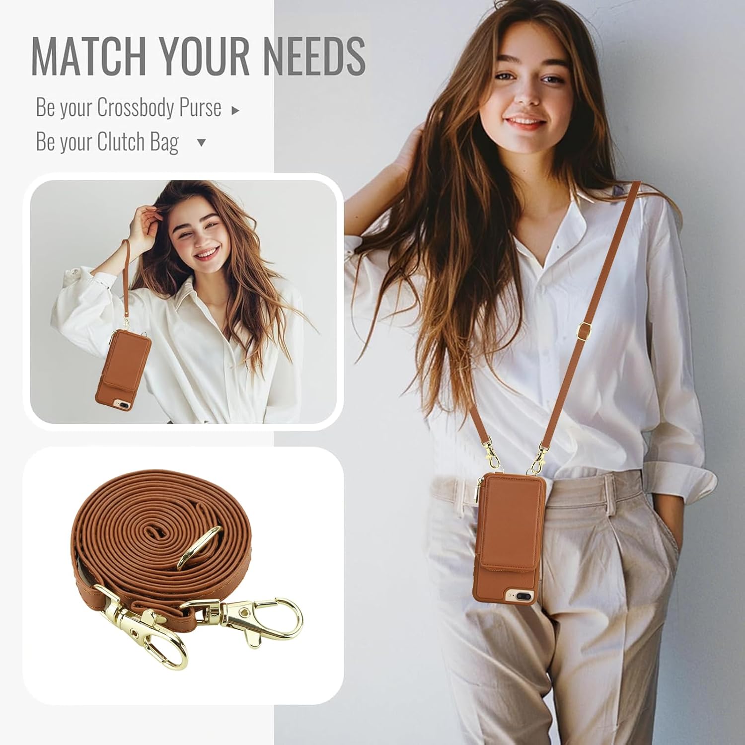 Phone Case for iPhone 6plus 6splus 7plus 8plus i 6/6s/7/8 Plus Wallet Cell Cover with Screen Protector Crossbody Strap RFID Blocking Card Holder iPhone6splus i Phone7s 7s 7+ 8s 8+ Phones8 Women Brown