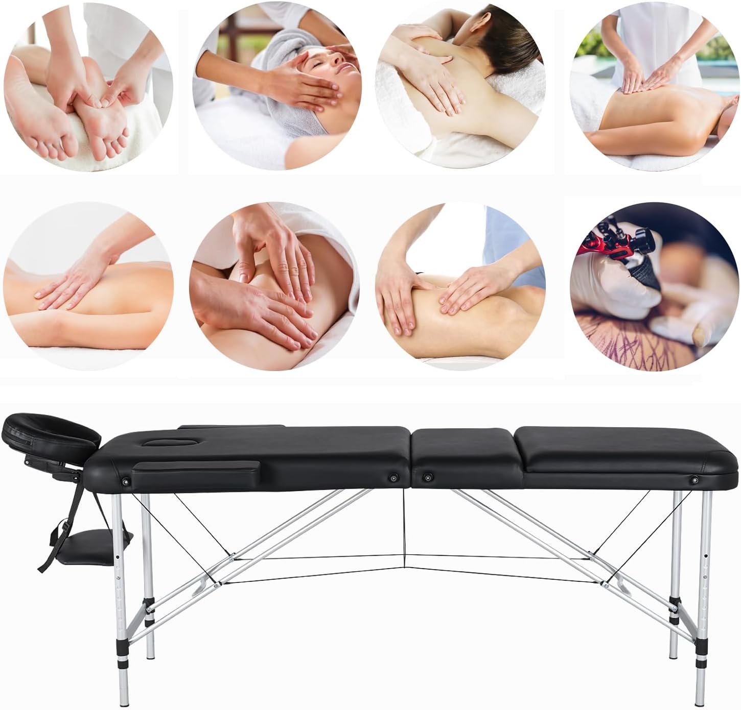 Yaheetech Massage Tables Portable Tattoo Table Adjustable Lash Bed Aluminium 3 Folding Spa Bed with Non-Woven Bag 23 inch Wide Black