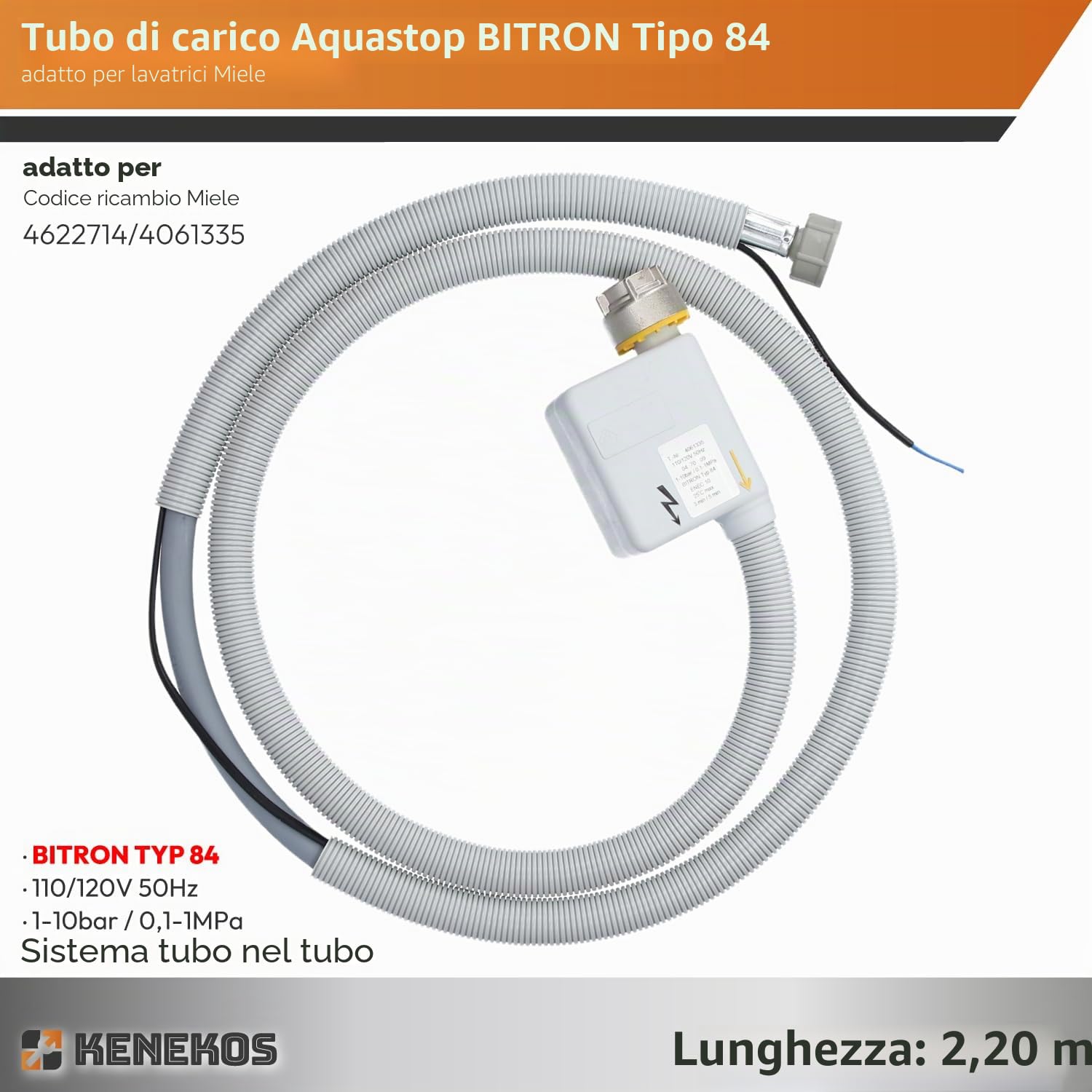 Kenekos - Tubo di Ingresso Aquastop BITRON tipo 84, 2,2m, adatto alla lavatrice Miele, 3/4 di pollice WPS, sicurezza con collegamento elettrico
