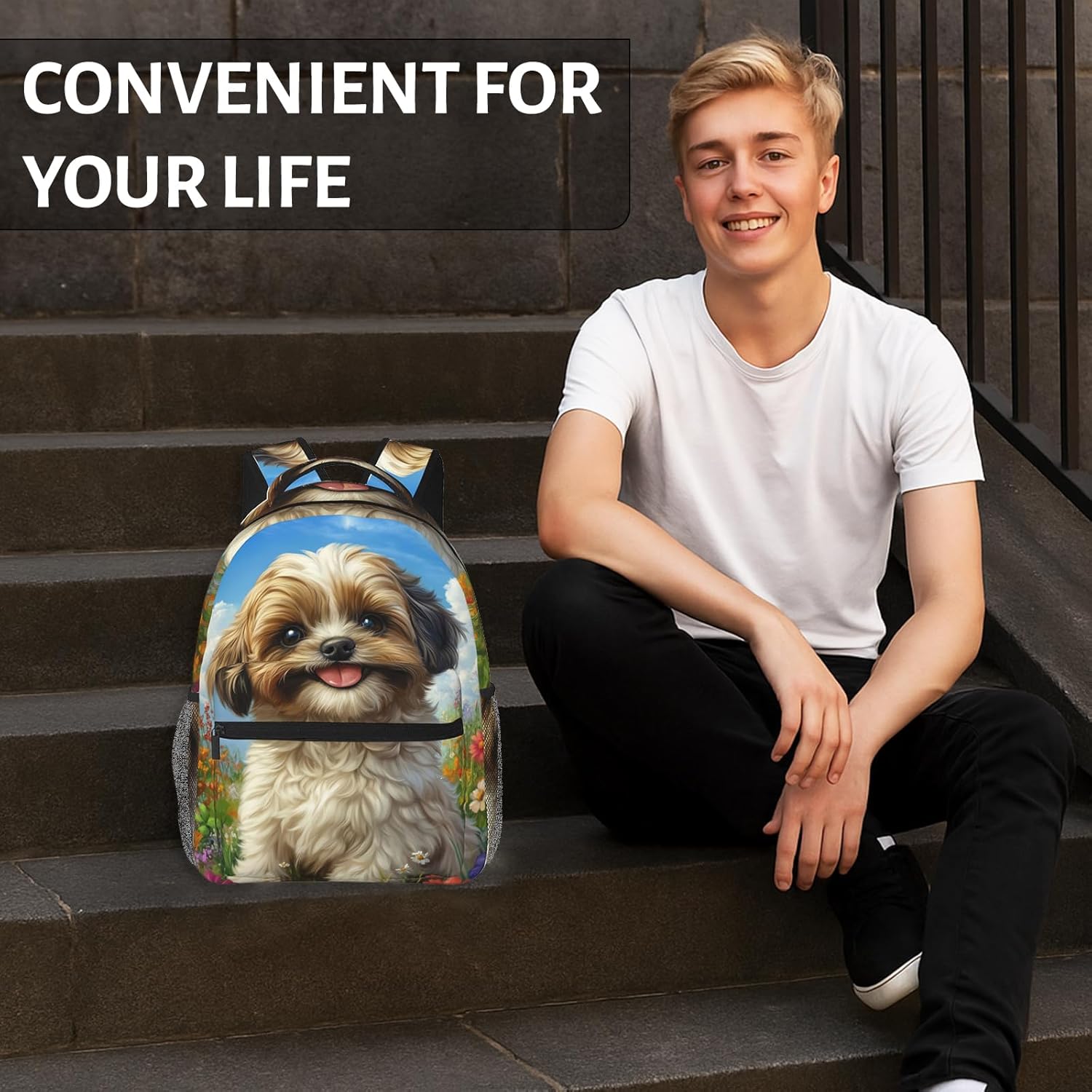 Cute Smiling Dog Backpack for Women Teen Girls School Laptop College Adorable Puppy Colorful Meadow Backpacks for Gifts Travel Hiking Work Camping, Polyester Lightweight Animal Bookbag Back Pack