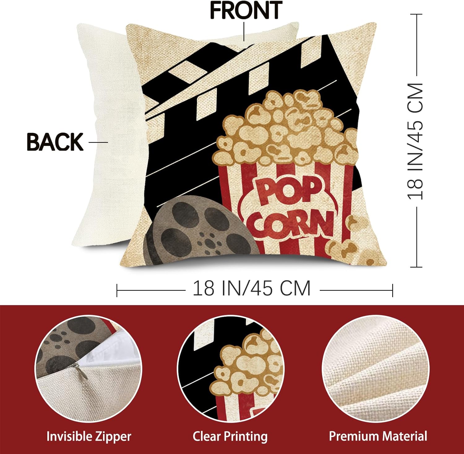 Movie Night Decorative Throw Pillow Covers 18 x 18 Set of 4, Vintage Cinema Ticket Popcorn Clapper Board Theater Home Decor, Enjoy The Show Stripes Film Filmstrip Movie Room Couch Cushion Case