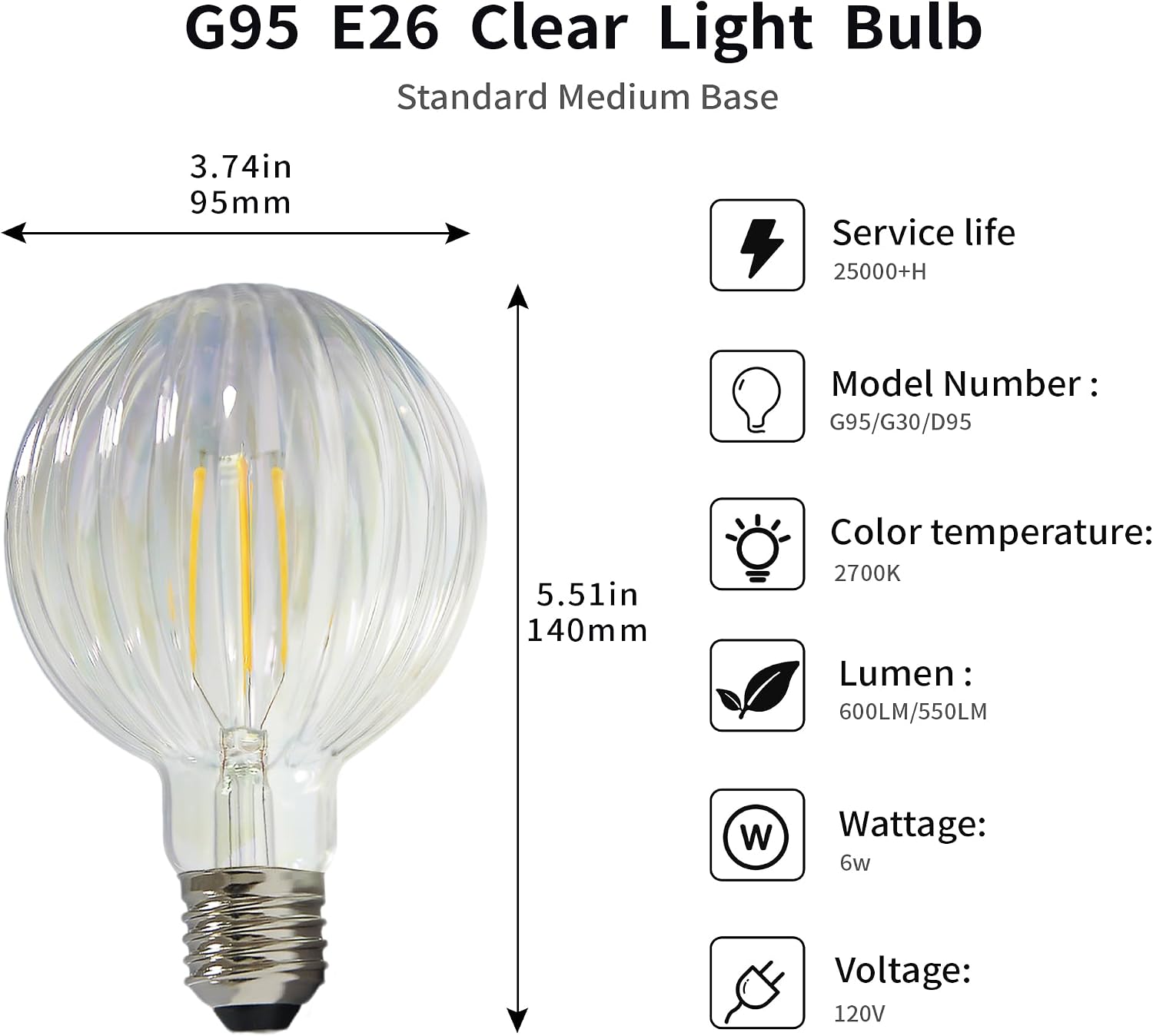 Vintage LED Edison Bulb G30 G95 6W Dimmable LED Filament Light Pumpkin Shape Clear Warm White Bulb E26 550-600LM Equivalent to 60W Suitable for Bedroom, Dining Room, Bar, Cafe.