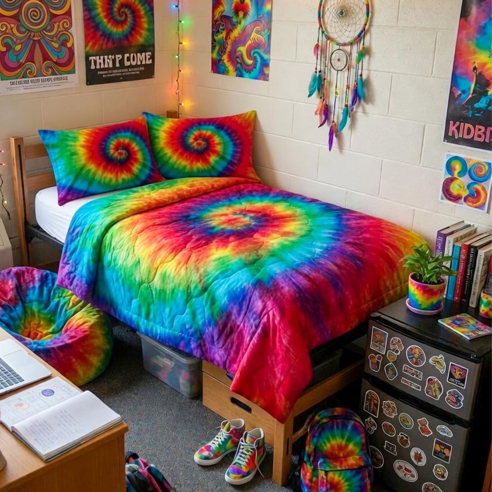 BlessLiving Tie Dye Comforter Set, Full Queen Size, 3-Piece Boho Bedding for Girls & Teens, Colorful Rainbow Design, Soft Quilt for Aesthetic Bedroom Decor