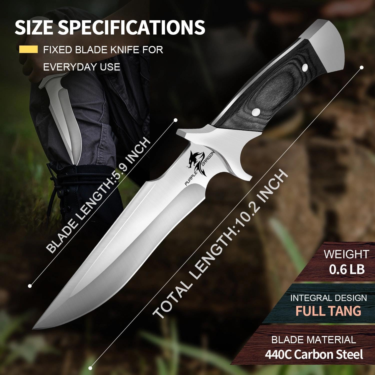 Purple Dragon Camping Fixed Blade Knife with Sheath,6 Inch Outdoor Knife Full Tang 440C Steel Bushcraft Knives with Redwood Handle-Outdoor Gear Christmas Gift for Men and Women Black - Image 4
