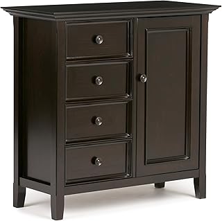 SIMPLIHOME Amherst 37-inch Wide Solid Wood Transitional-Style Storage Cabinet in Hickory Brown, Cabinet with 4 Drawers and Adjustable Shelves for Living Room or Entryway