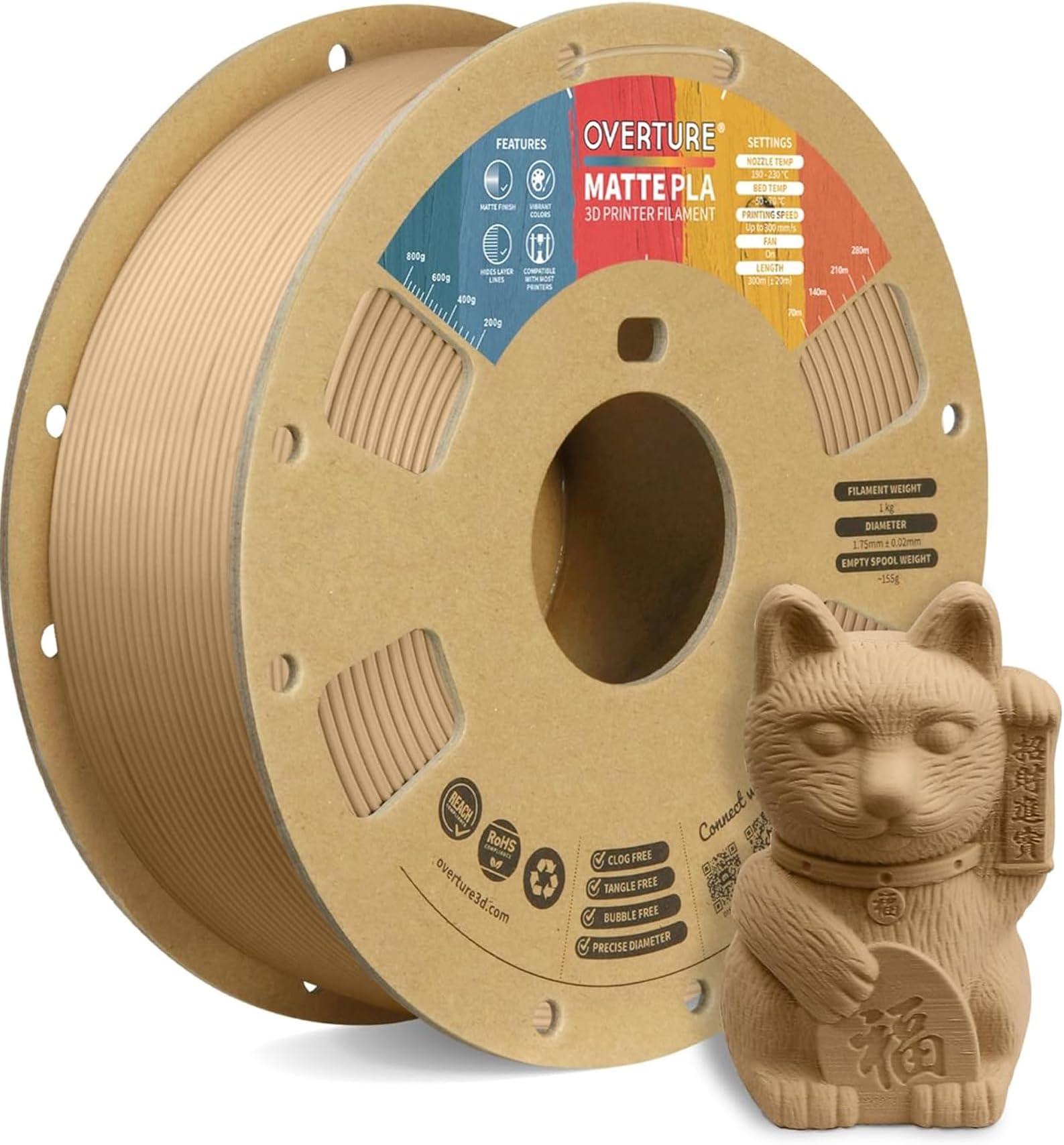 OVERTURE PLA Filament Material for 3D Printers 3D Printing 3D Printer Filament 1.75mm 1kg Spool High Dimensional Accuracy High Density Environmental Protection Fits Most FDM Printers (brown)