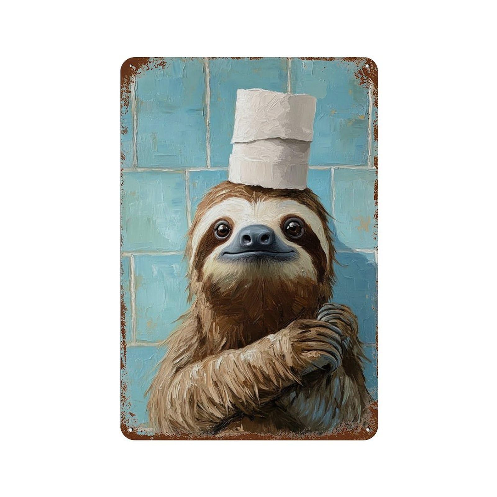 Sloth with Toilet Paper Hat-1 Rustic Tin Plaque 11.8"x7.9", Ideal for Shed, Workshop And Garage Wall Decor