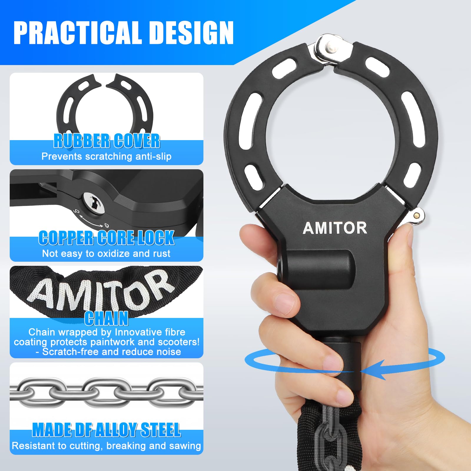Serratura per scooter con chiave indistruttibile, ad alta sicurezza con borsa da 3 l, chiusura con chiusura a manetta con protezione in silicone, antifurto per bici e bicicletta