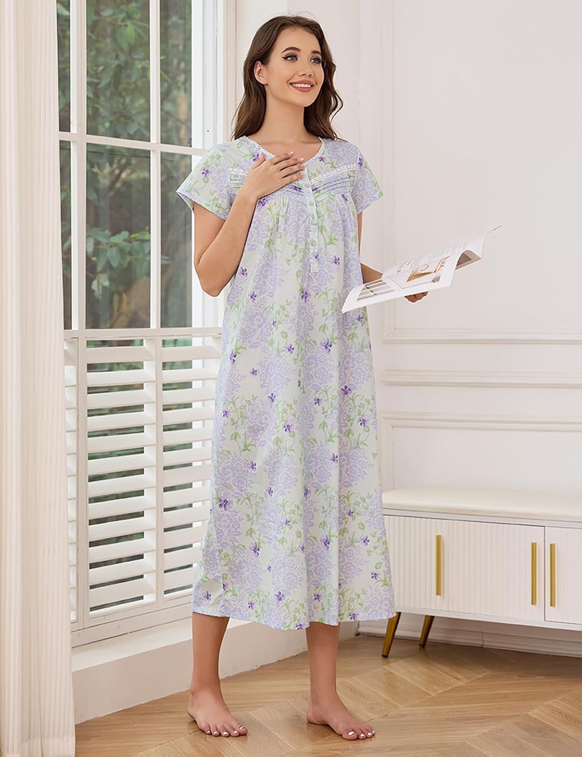 IZZY + TOBY Cotton Nightgowns for Women Long Lightweight Short Sleeves Ladies Soft Nightdress Pajamas - Image 5