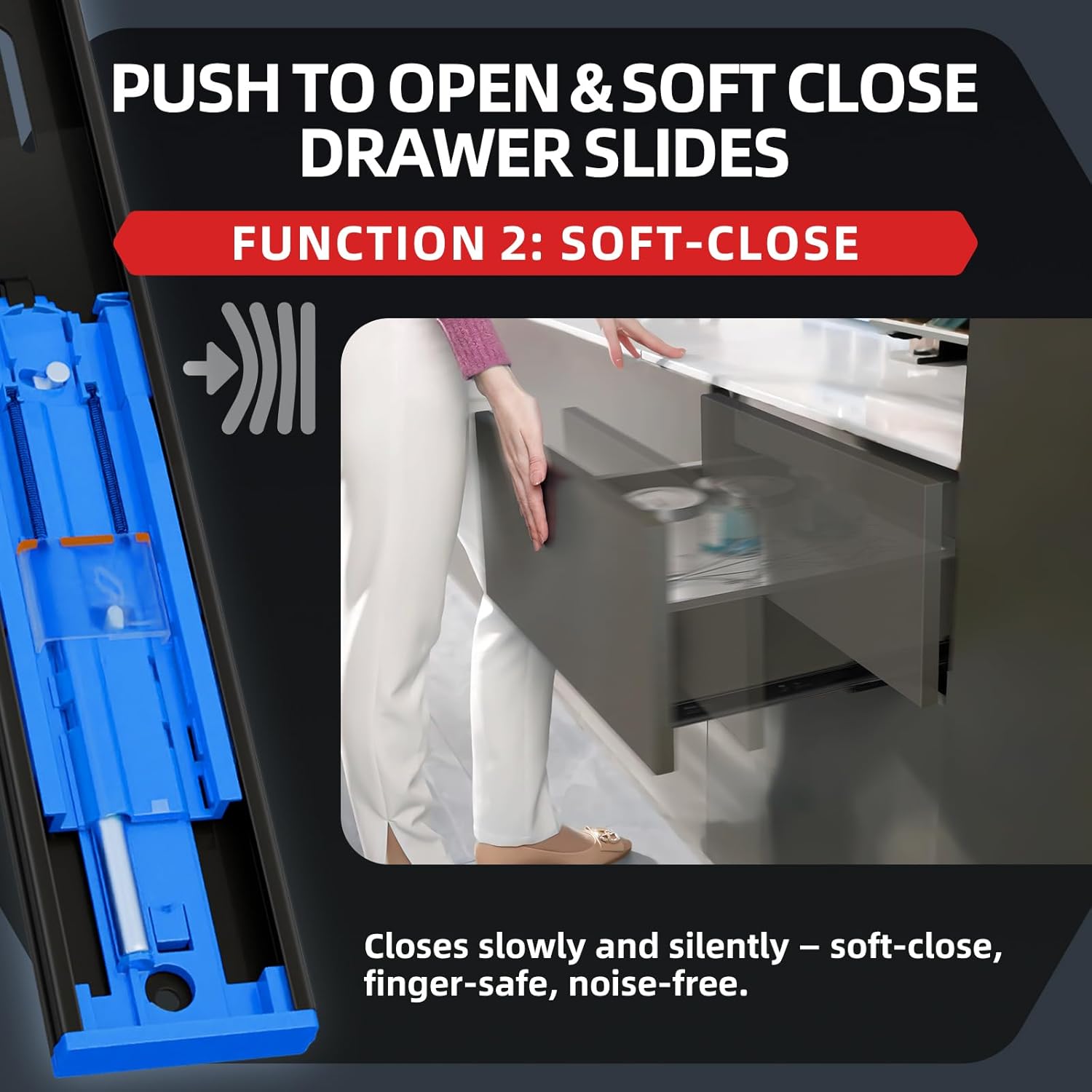 SHUHANG 1 Pair Push to Open Soft Close Drawer Slides 100 lb Load Capacity Side Mount Ball Bearing Rails Cabinet Dresser Glides Wardrobe Kitchen Trash Can Slider Runners Black(22 Inch)