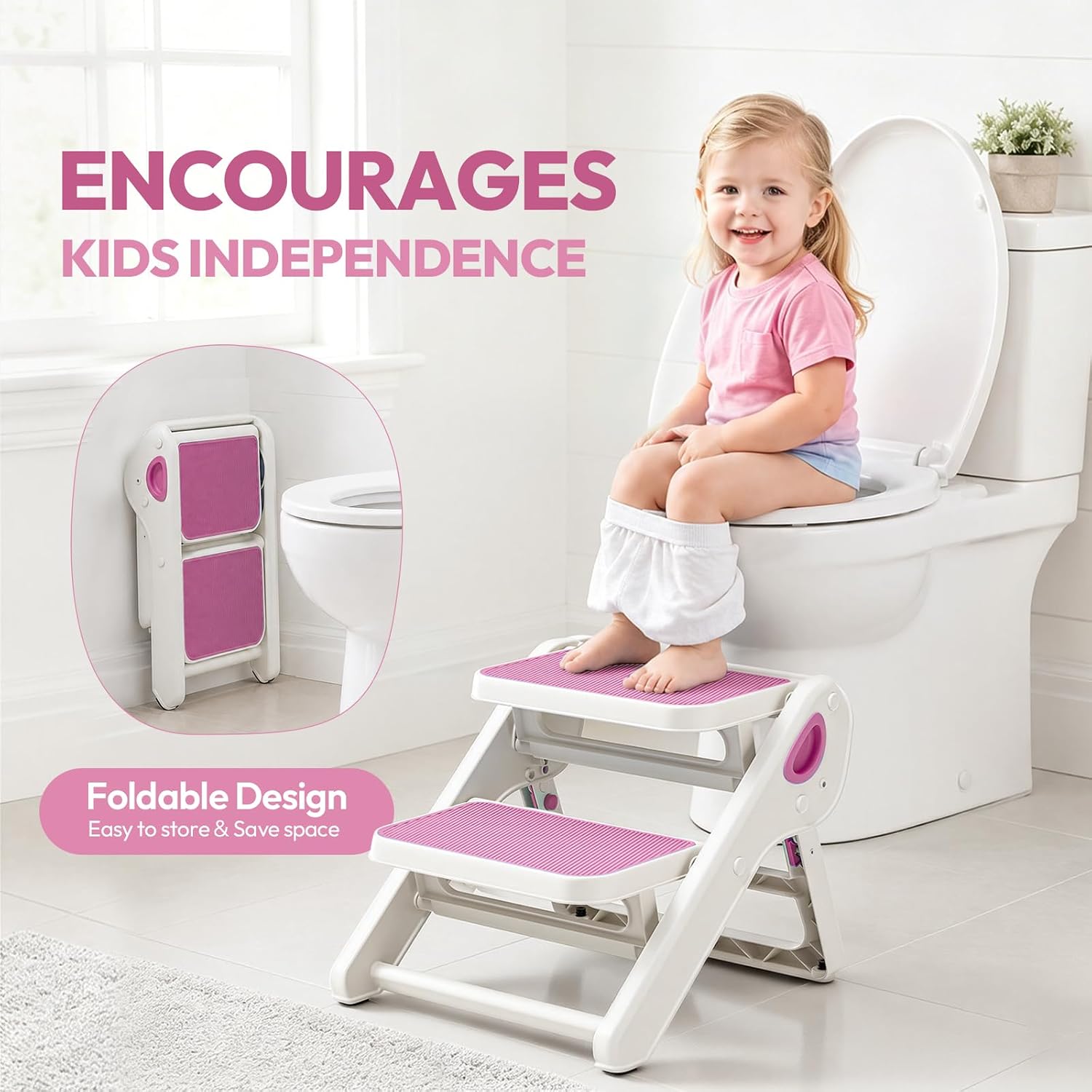 Foldable Toddler Step Stool for Bathroom Sink, Toilet, Bedroom, Kitchen – Non-Slip, Space-Saving, BPA-Free, Supports 110 lbs, Kids Step Stool (Pink)