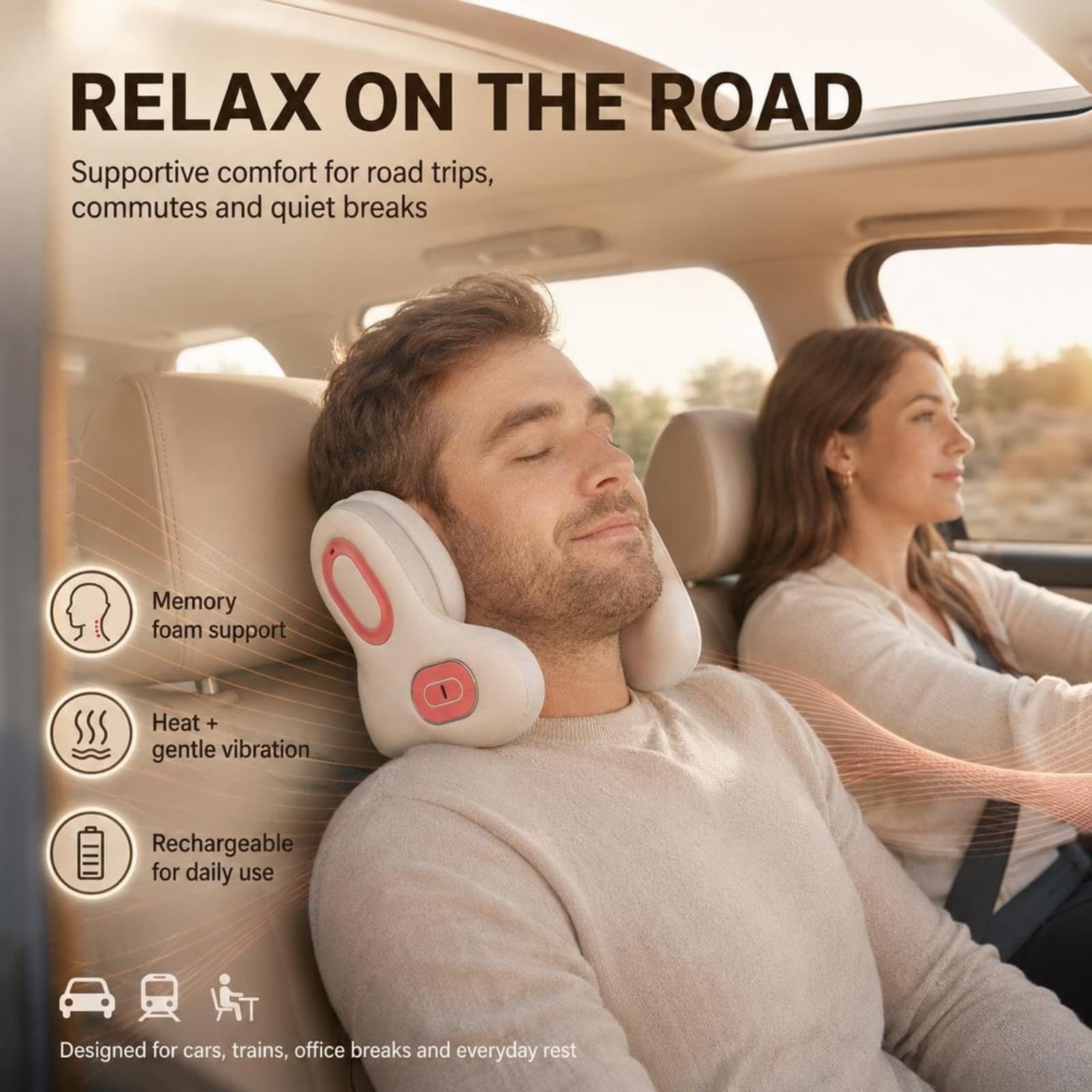 Cuscino da Viaggio Massaggiante Riscaldato 3 in 1, Cervicale U con Altoparlante Bluetooth, Massaggiatore Collo e Spalle con Calore per Aereo, Treno, Auto e Ufficio