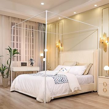 Mengersi Canopy Bed Frame Full Size,Bed Canopy Frame Post Bed Poles,Canopy Bed Curtains Frame Bracket Fit for Metal Bed Wood Bedroom Decor,White