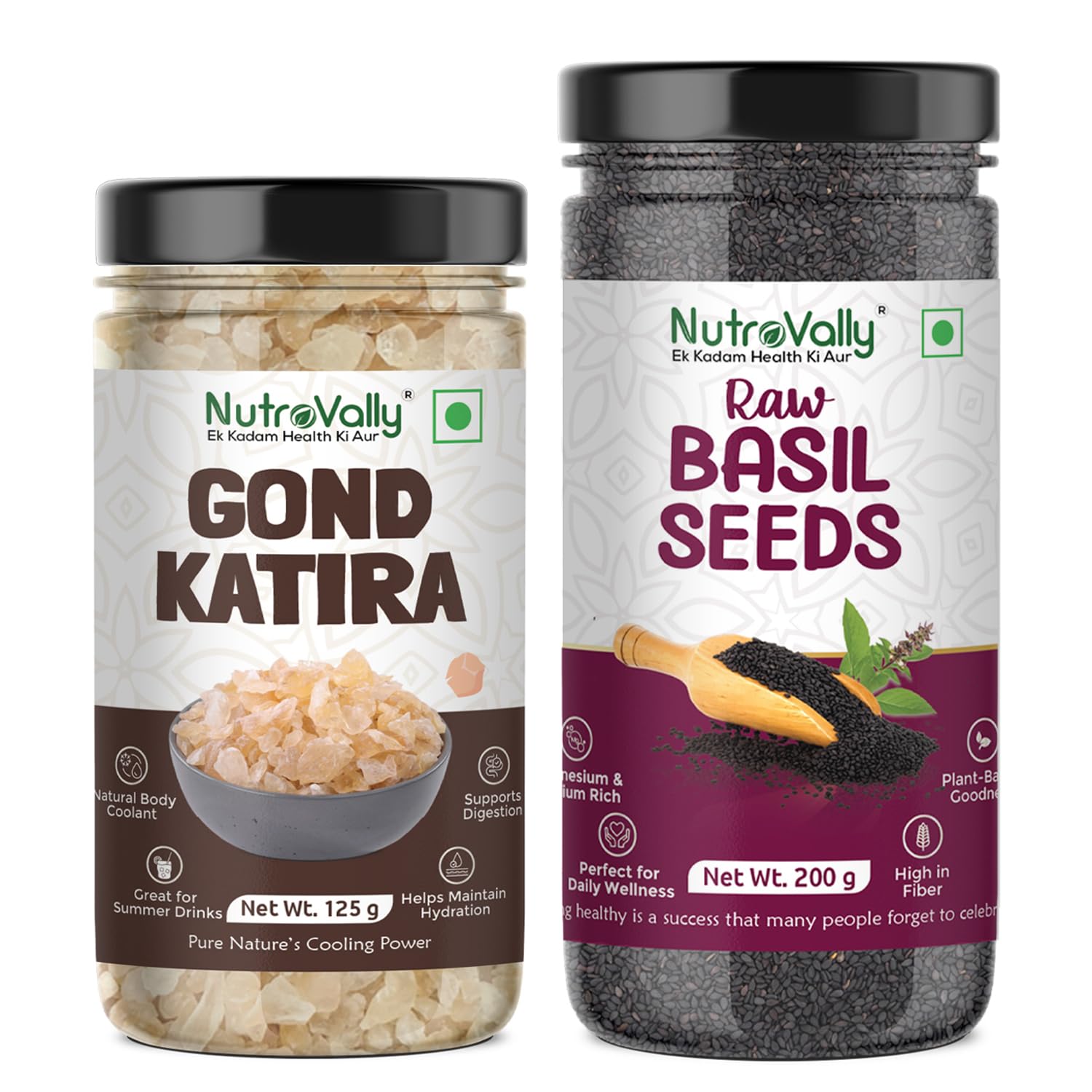 Nutrovally Gond Katira Basil Seeds Combo 2 in 1 | Gond Katira 125g + Basil Seeds 200g |Both Ideal for Summer Drinks, Cooling & Refreshing | Gond Katira Pure-image-1