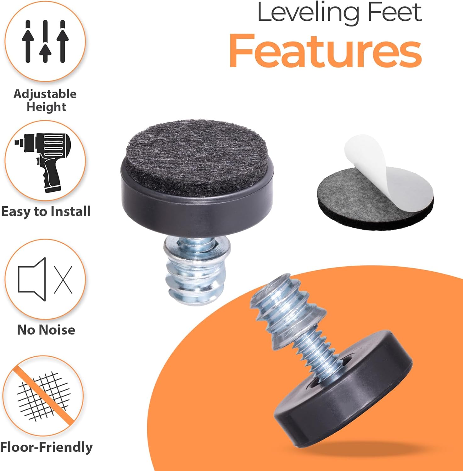 NEWBYTEK 24 Pack 1/4"-20 Thread Adjustable Furniture Levelers with Self-Adhesive Felt Pads – 1" Leveling Feet & Floor Protectors for or Light Duty Stationary Furniture Hardwood Tile Laminate Floors