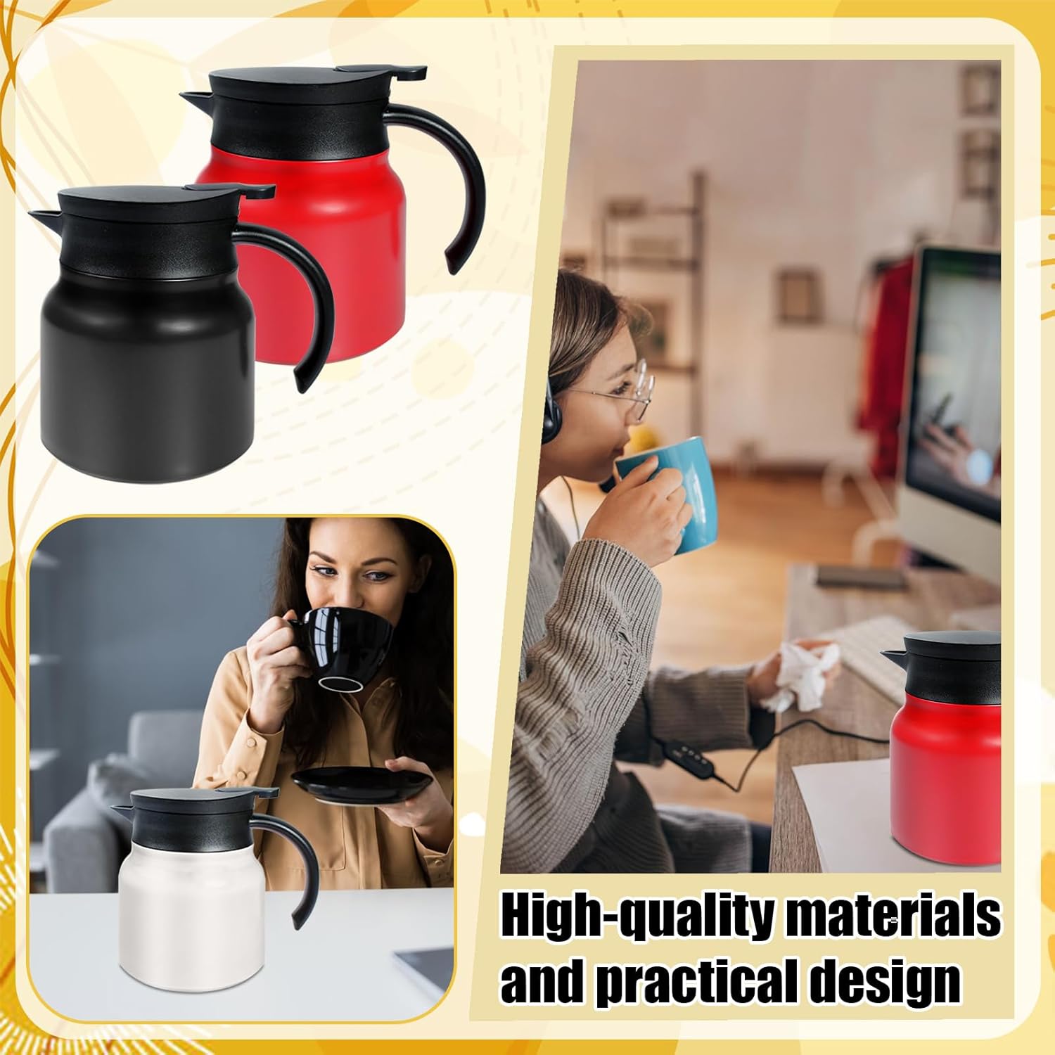 3 Pcs Thermal Coffee Carafe Red Black White Stainless Steel Coffee Carafes for Keeping Hot/Cold Drinks, Double Wall Beverage Server Dispenser for Tea, Milk (27 oz)