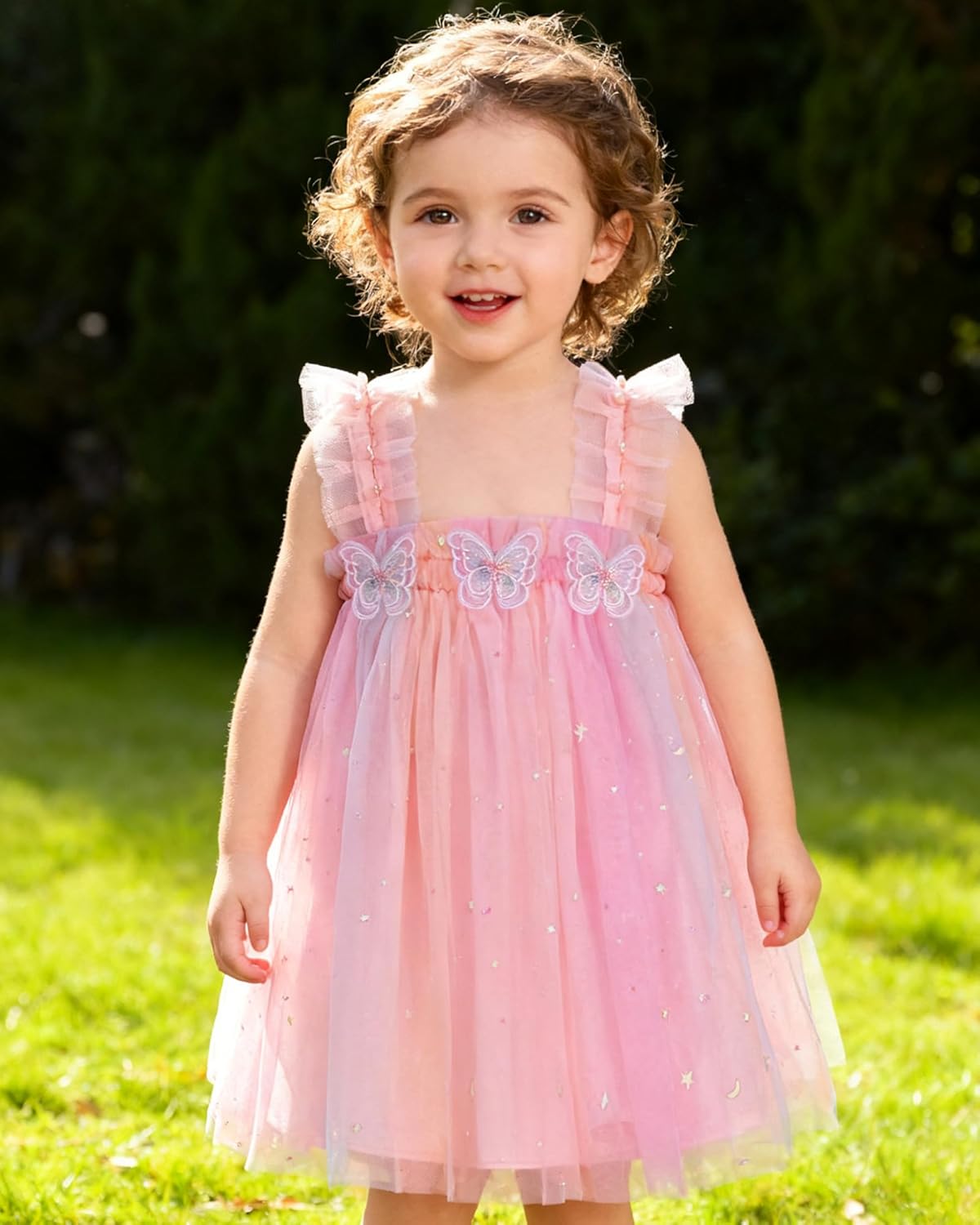 YALLET Toddler Dress Ruffle Sleeveless First Birthday Dresses Flower Embroidery Smash Cake Outfit with Butterfly Ribbon - Image 2