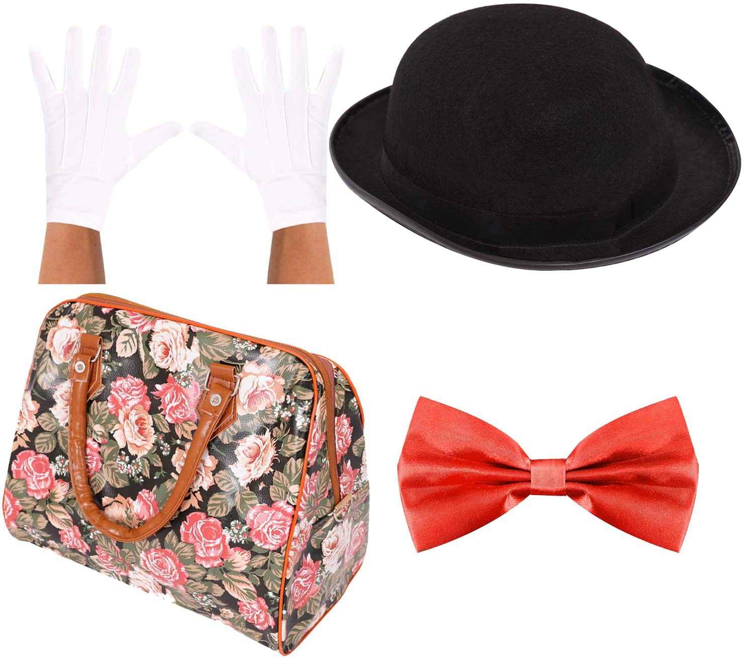 Poppins Accessories Pack. Edwardian Nanny Fancy Dress Props: Bowler Hat + White Gloves + Faux-Leather Carpet Bag + Red Bow Tie. Size: Womens 58Cm Hat