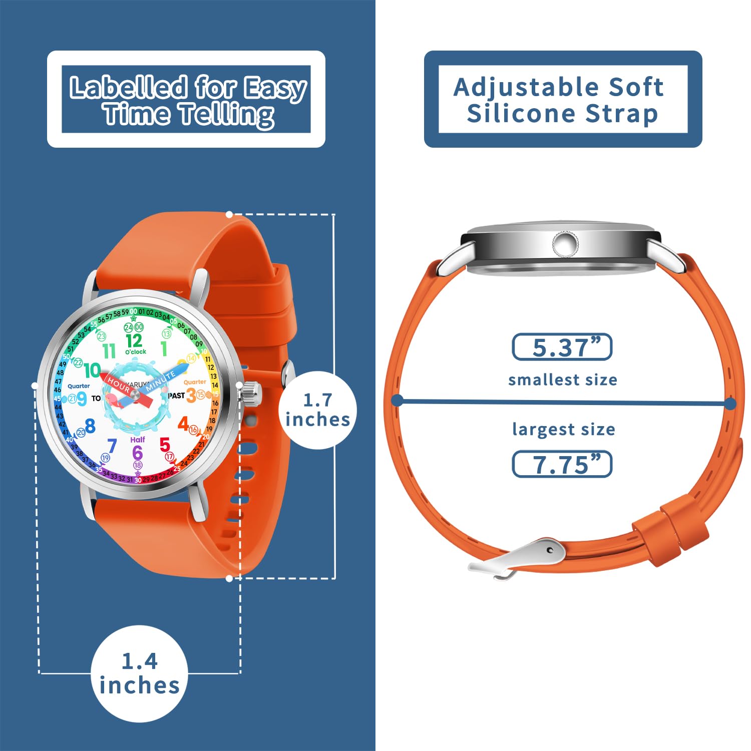 Analoge Kinderuhr, Lernuhr für Kinder von 8–12 Jahren, rosa süßer Wal, wasserdichte Kinderuhren für Jungen im Alter von 5–7, 6–8, Mädchen-Uhren, orangefarbenes Armband