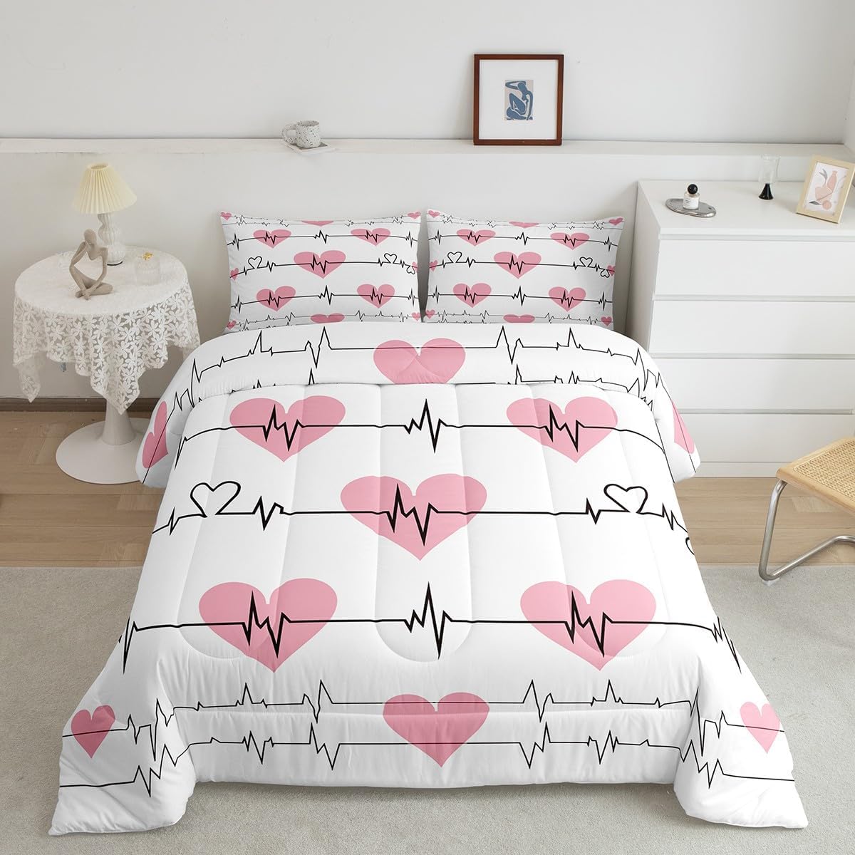 jejeloiu Heart Bedding Set Kids Cardiogram of Love Comforter Set Romantic Comforter for Women Men Room Decorations Love Heart Duvet Set Full Size with 2 Pillow Cases