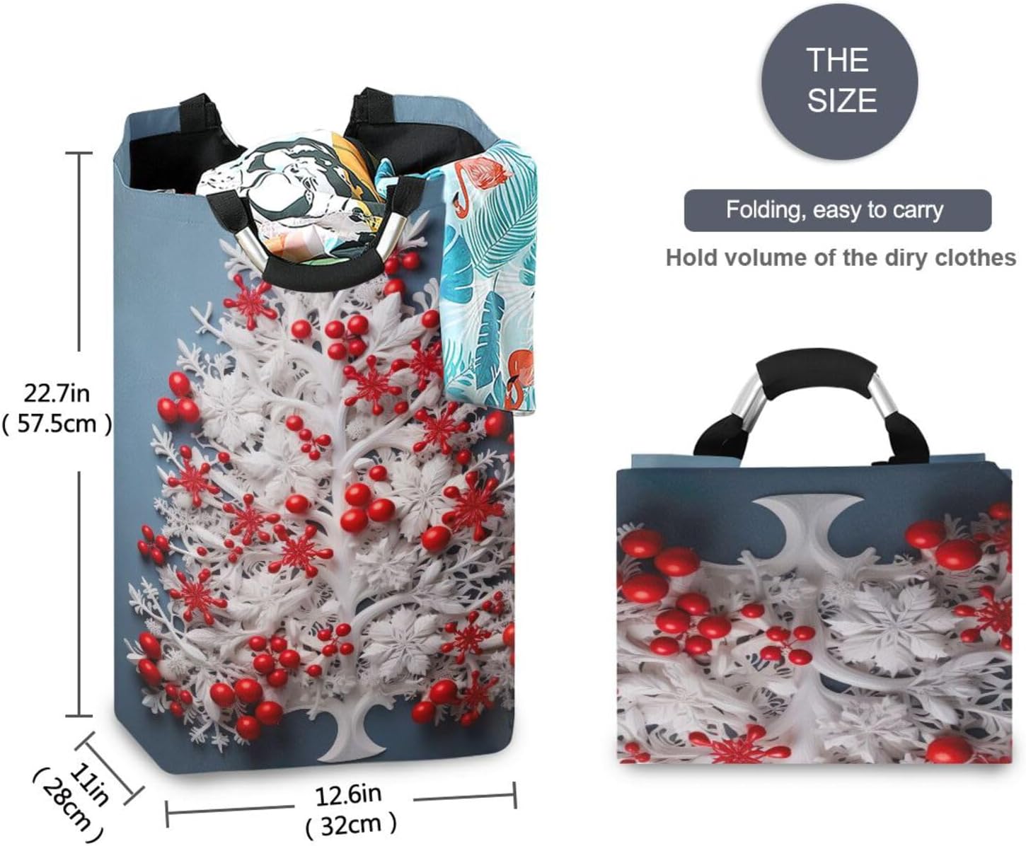 Christmas Tree with Red Berries Large Laundry Hamper Waterproof with Handles, Portable Laundry Baskets Collapsible Sturdy Clothes Store Basket for Bathroom Bedroom