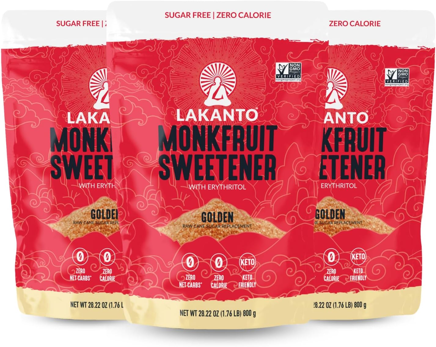 Lakanto Golden Monk Fruit Sweetener With Erythritol, Raw Cane Sugar Substitute, Monk Fruit Extract, Raw Sugar Replacement for Baking, Coffee & Tea, Gluten Free, Low Carb, Non GMO, Keto, 1.76 lb, 3 PK