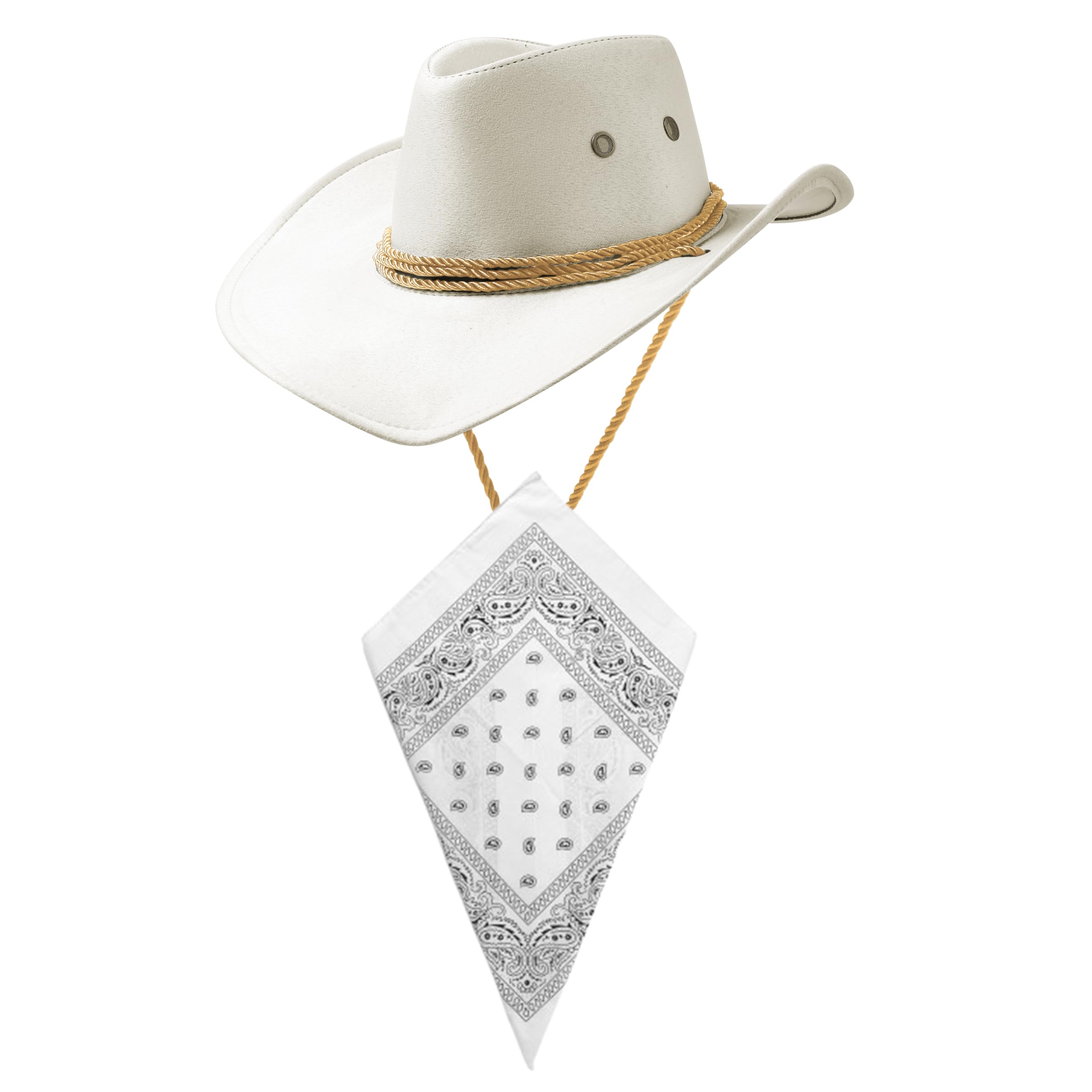 Komonee White Cowboy Hat and White Bandana Western Sun Cap Faux Felt Leather Suede Fancy Dress Party Costume Outfit Neckscarf Protection Mens Womens โ image 1