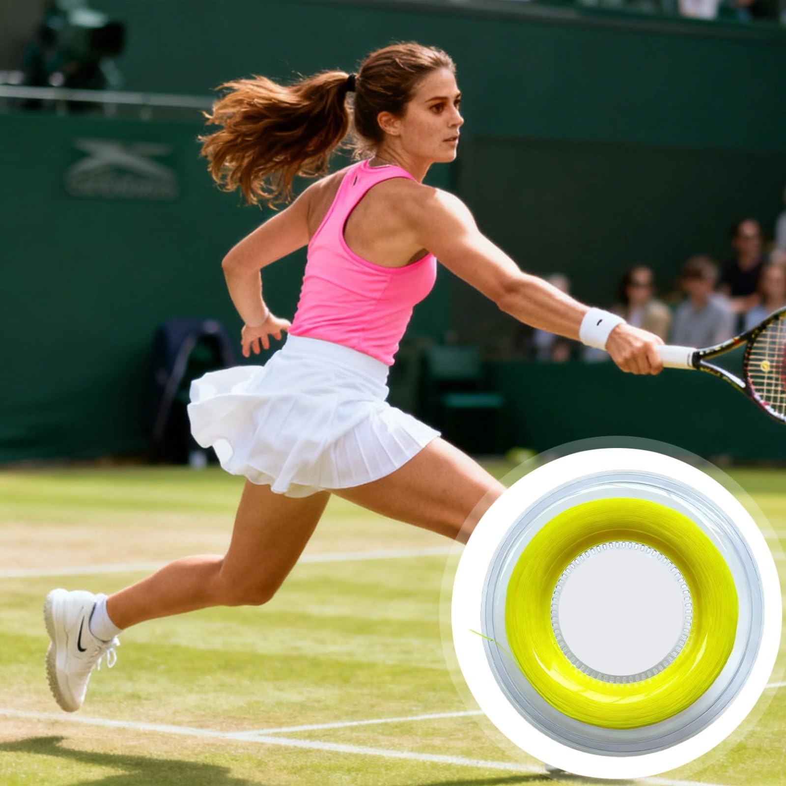 Carrete de cuerda de tenis de nailon, 16 g, 1,35 mm, multifilamento, 200 m de longitud, tensión estable y absorción de golpes, amarillo fluorescente para alta visibilidad, rendimiento