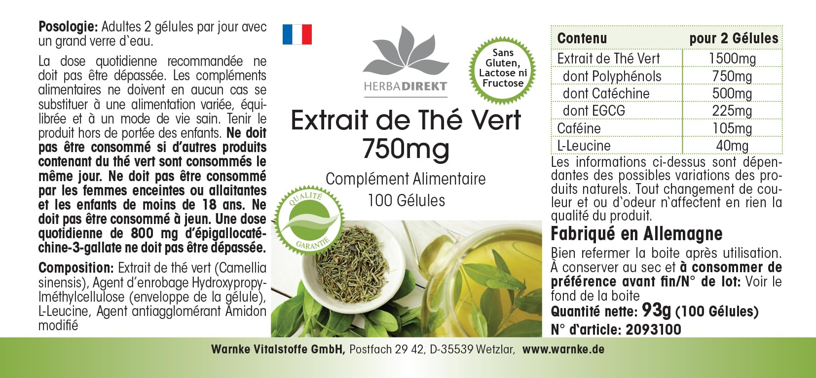 Estratto di tè verde 750 mg capsule - 100 capsule - polifenoli - catechine - EGCG - caffeina - ad alto dosaggio - vegano | HERBADIREKT by Warnke Vitalstoffe - Qualità farmaceutica tedesca