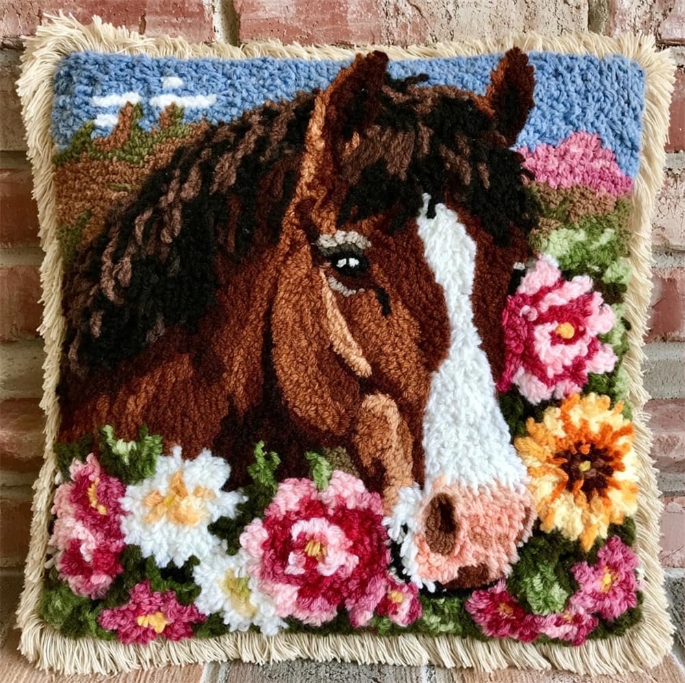 kitphoenix DIY Latch Hook Pillow Kit for Adults Horse and Flowers