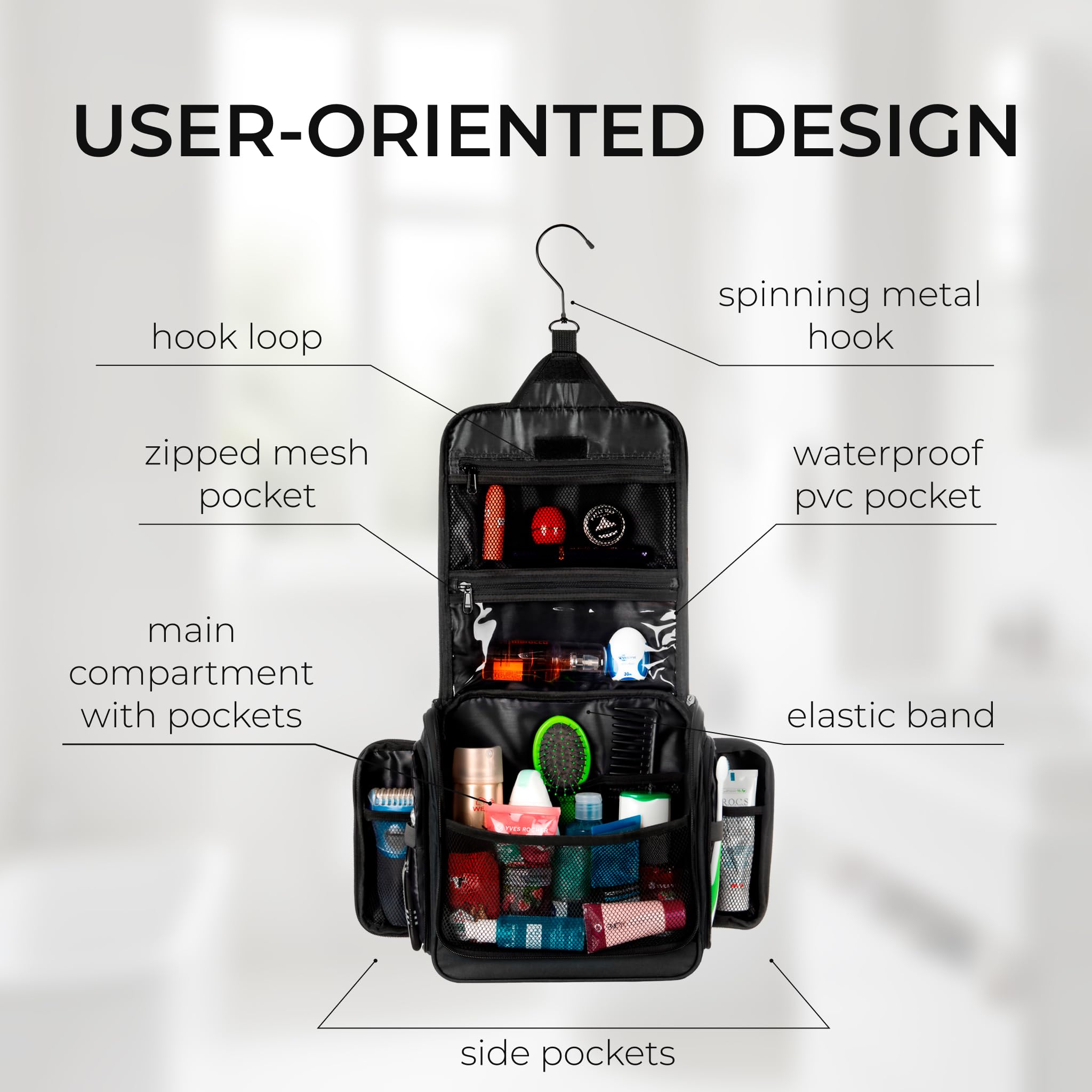 Neceser de viaje para hombres y mujeres, organizador grande de artículos de tocador colgante, bolsa de higiene impermeable con gancho giratorio de metal XXL, con cremalleras resistentes y 19