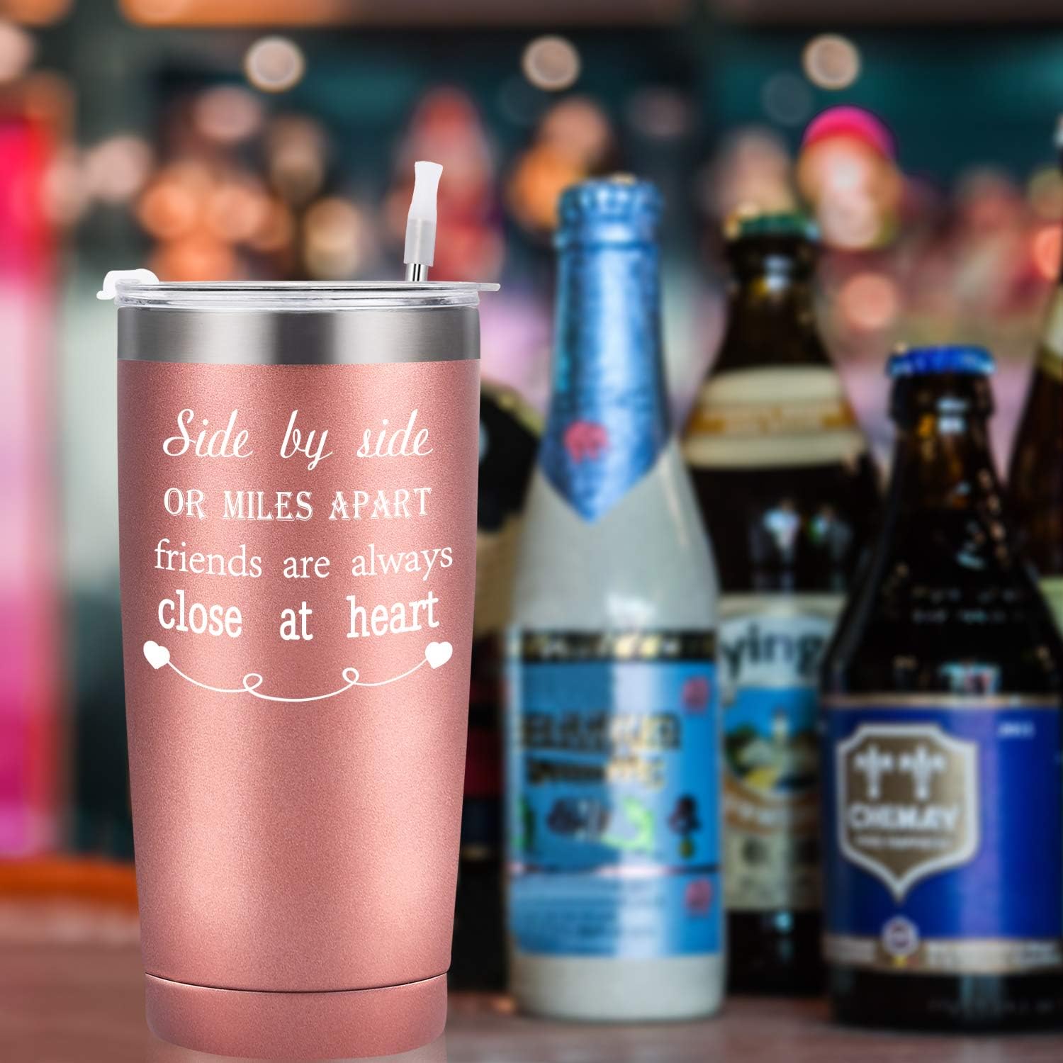 Cheapest 🛒 Friend Tumblers for Women Friends Friendship, Side By Side or Miles Apart Friends Are Always Close at Heart Travel Tumbler, 20 Oz Stainless Steel Insulated Tumbler, Rose Gold