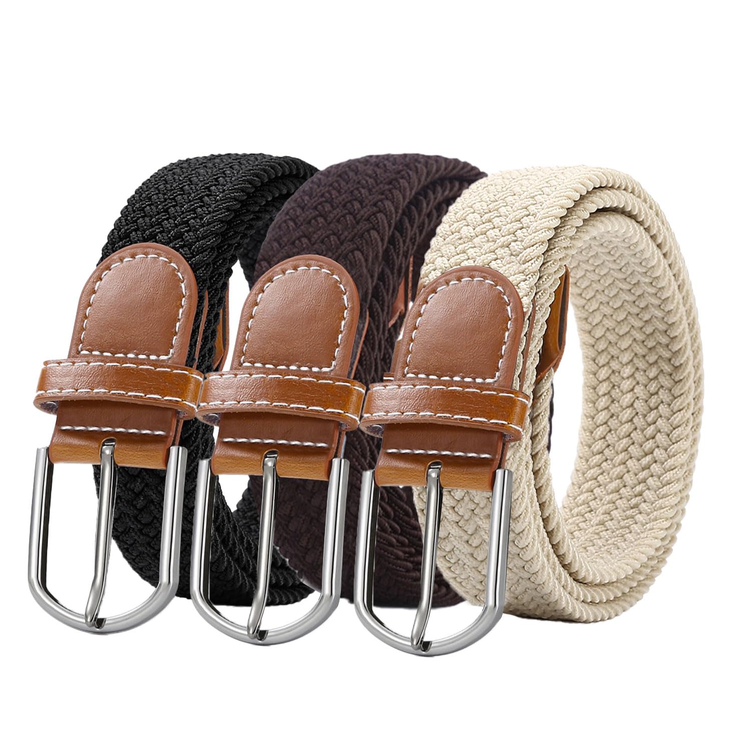 RichLuck Men Belts 3 Packs, Elastic Braided Belt for Men, Casual Stretch Belt with Covered Leather Buckle for Mens Womens Jeans (Black, Brown, Khaki)