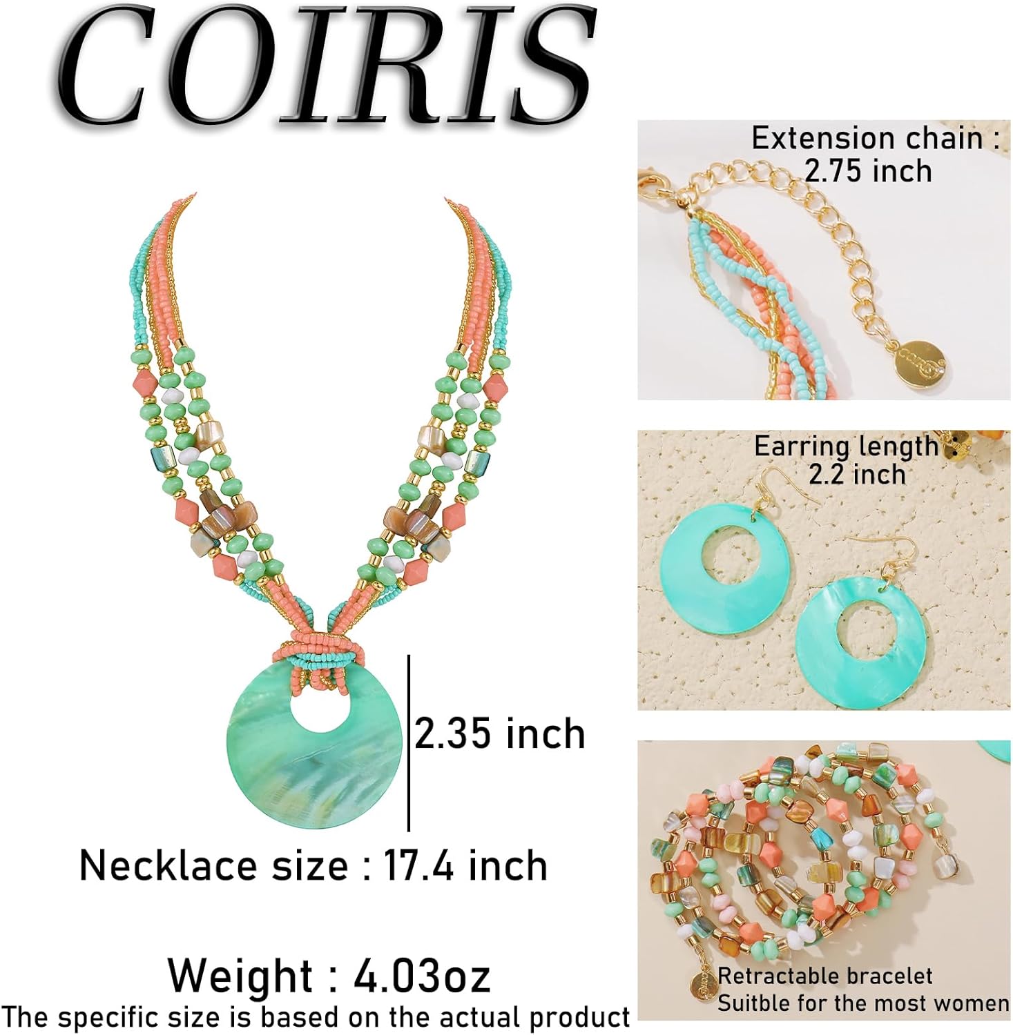 Jewelry Sets for Women 4 Pcs Chunky Beaded Mrs Roper Costume Jewelry for Women Boho Multi Strand Colorful Shell Necklace for Women - Image 2