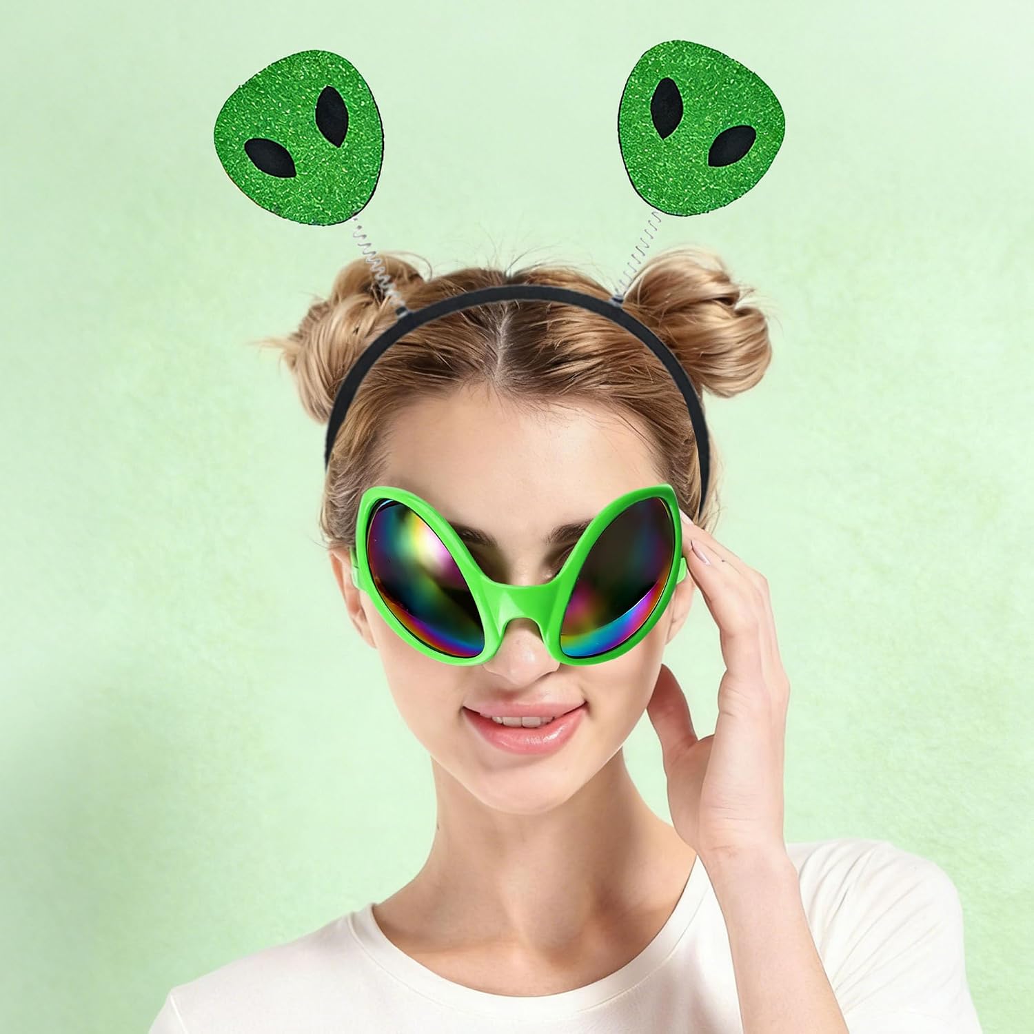4Pcs Alien Headband and Glasses, Rainbow Color Lens Alien Sunglasses Funny Headband Boppers for Adult Martian Antenna Costume Accessories Space Cosplay Halloween Party Favors