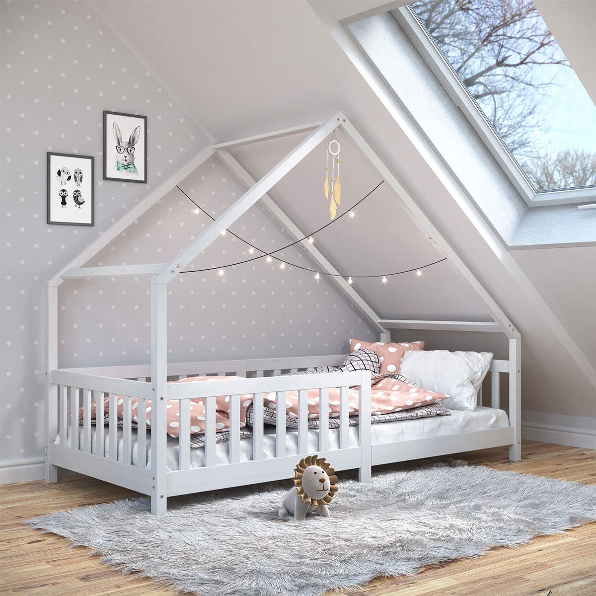 IDIMEX Lit cabane CORA lit Enfant Simple Montessori asymétrique en Bois 90 x 190 cm en pin Massif lasuré Blanc