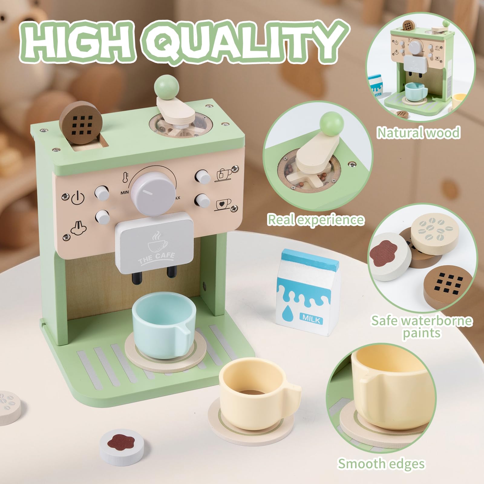 Machine à Café Jouet en Bois avec Son pour Enfant, Jeu de Rôle Cuisine Montessori et Éducatif, 3+ Ans 10 Pièces