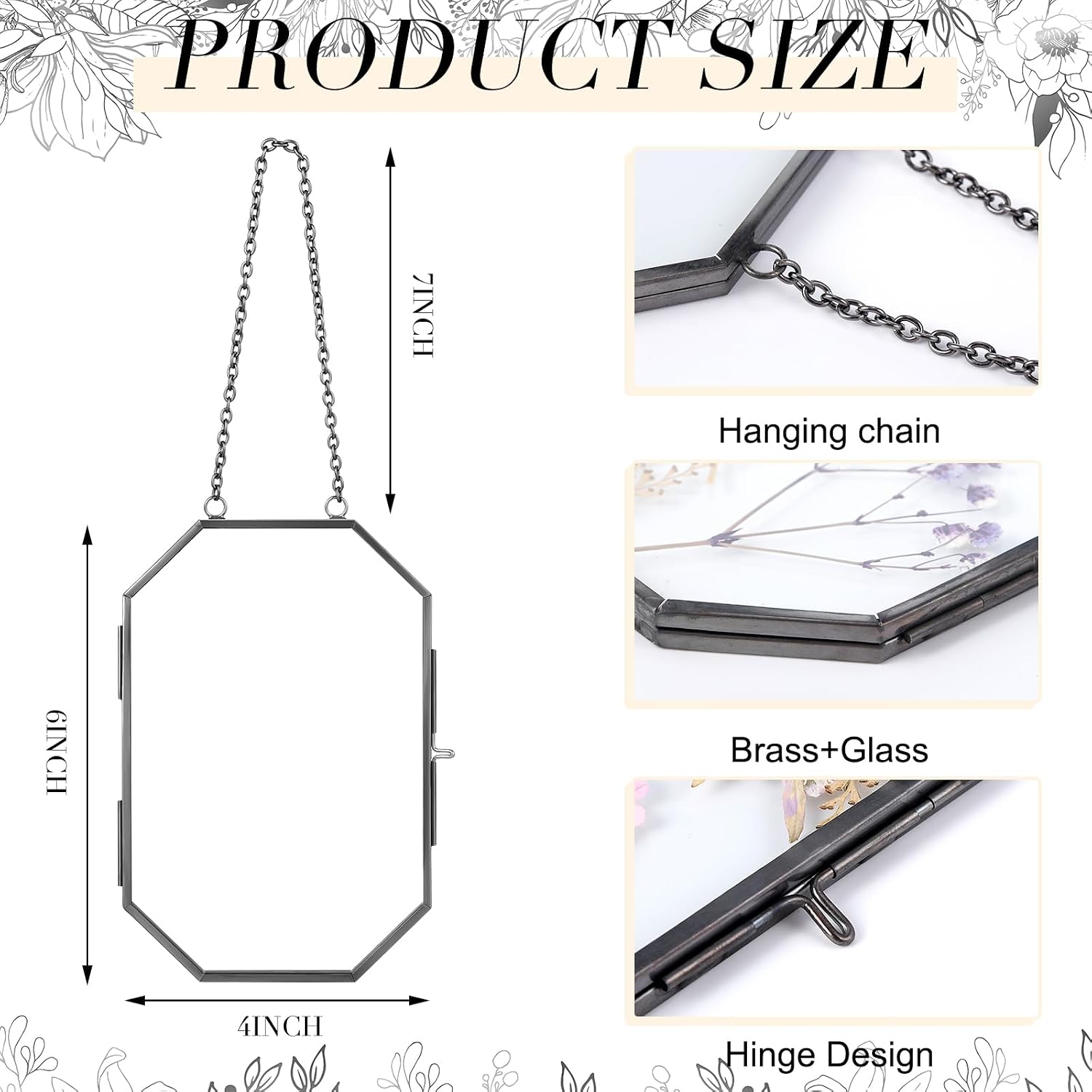 2 Pcs Double Glass Pressed Flower Frame Floating Wall Hanging Metal Chain image 2