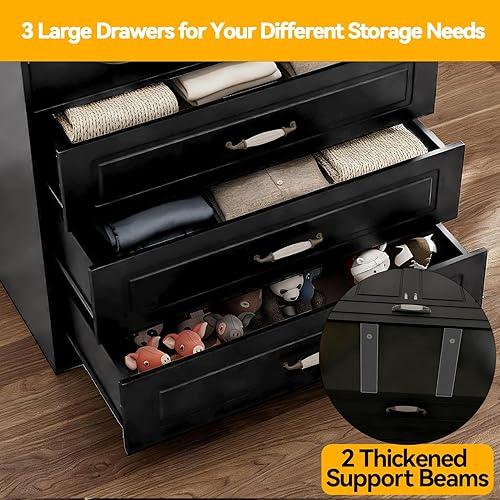 Vista 4 de Armario Armario con 3 cajones y luz LED de 72 pulgadas, armario de madera para dormitorio con 2 puertas y manijas de puerta de cerámica retro, Negro